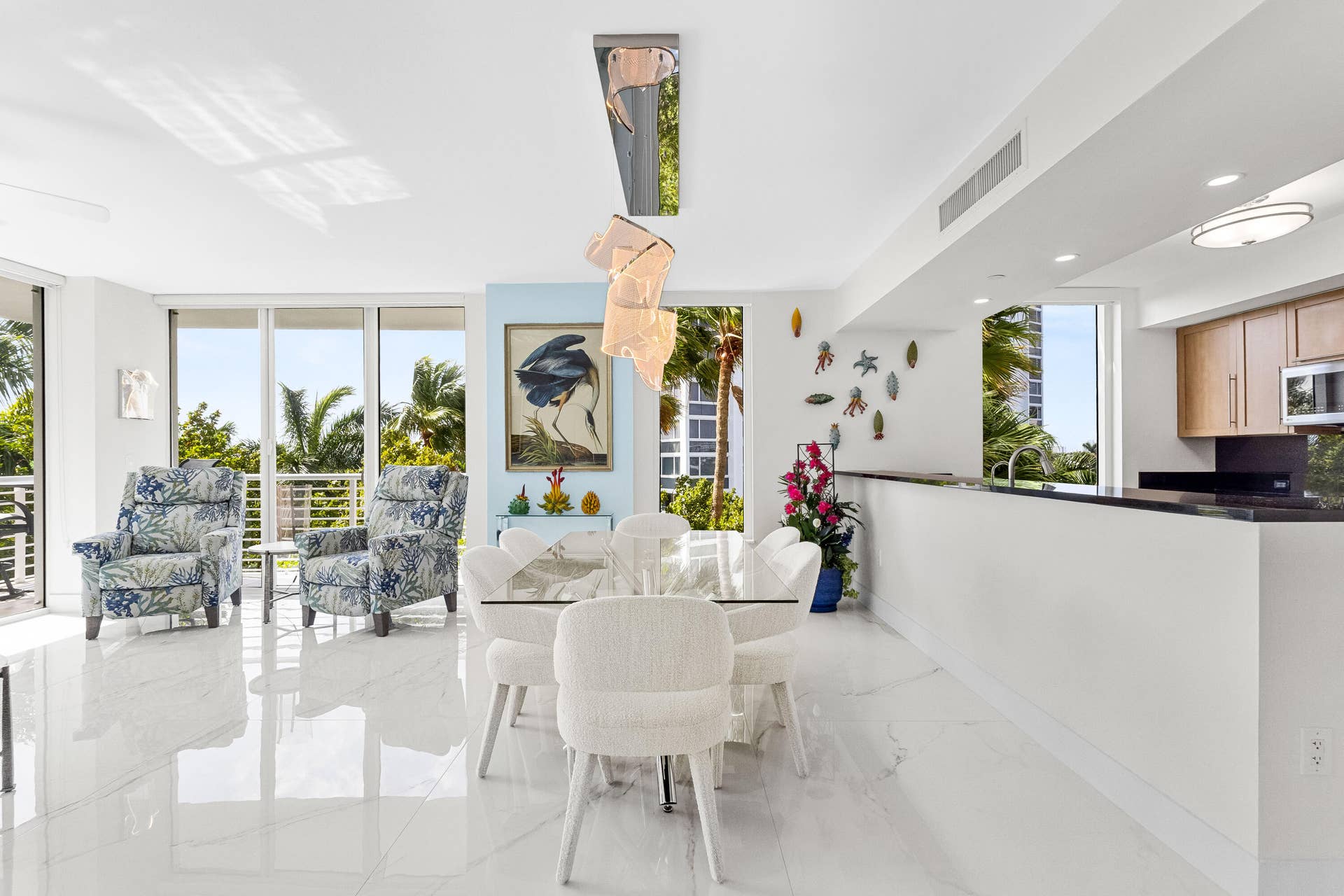 kitchen, dining room, seating area beautiful porcelain tiles imported from Spain.