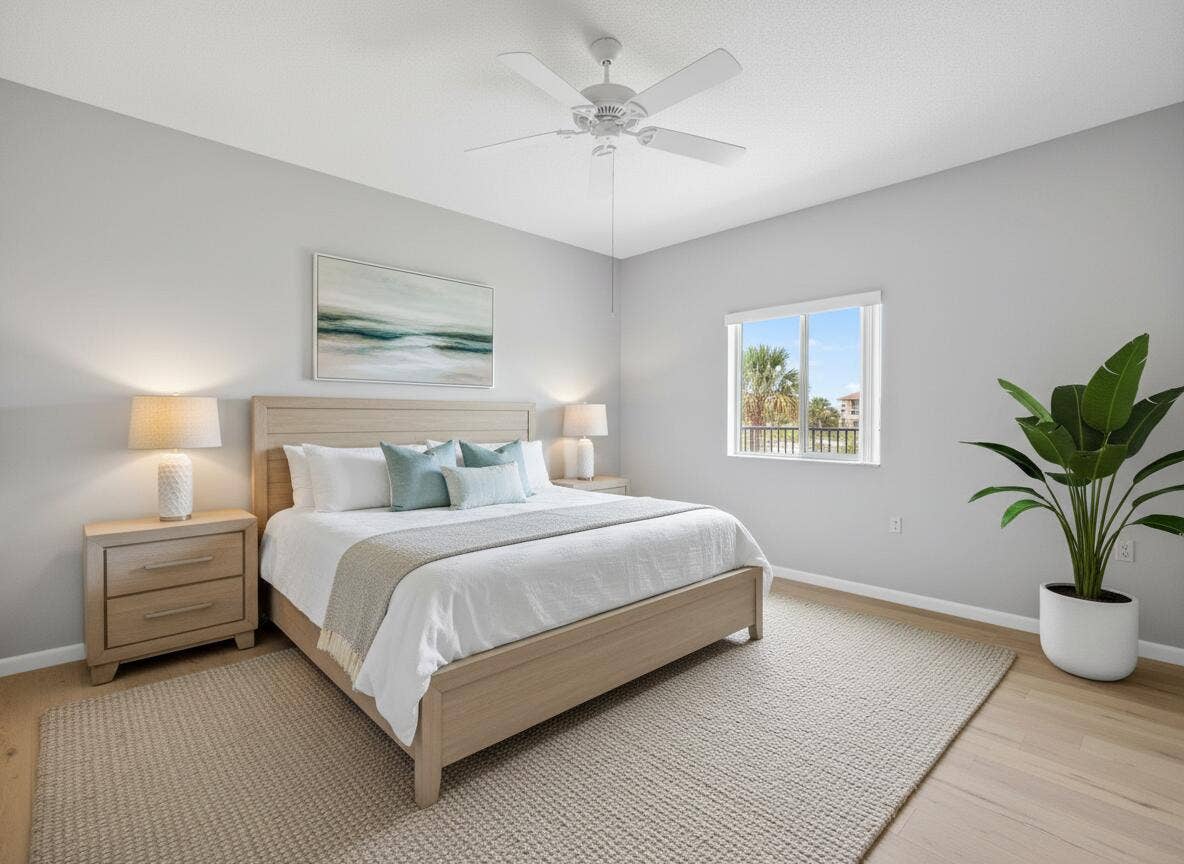 601 Seafarer Circle, #504, Jupiter, FL 33477 Huge master with vaulted ceilings and view of the marina.