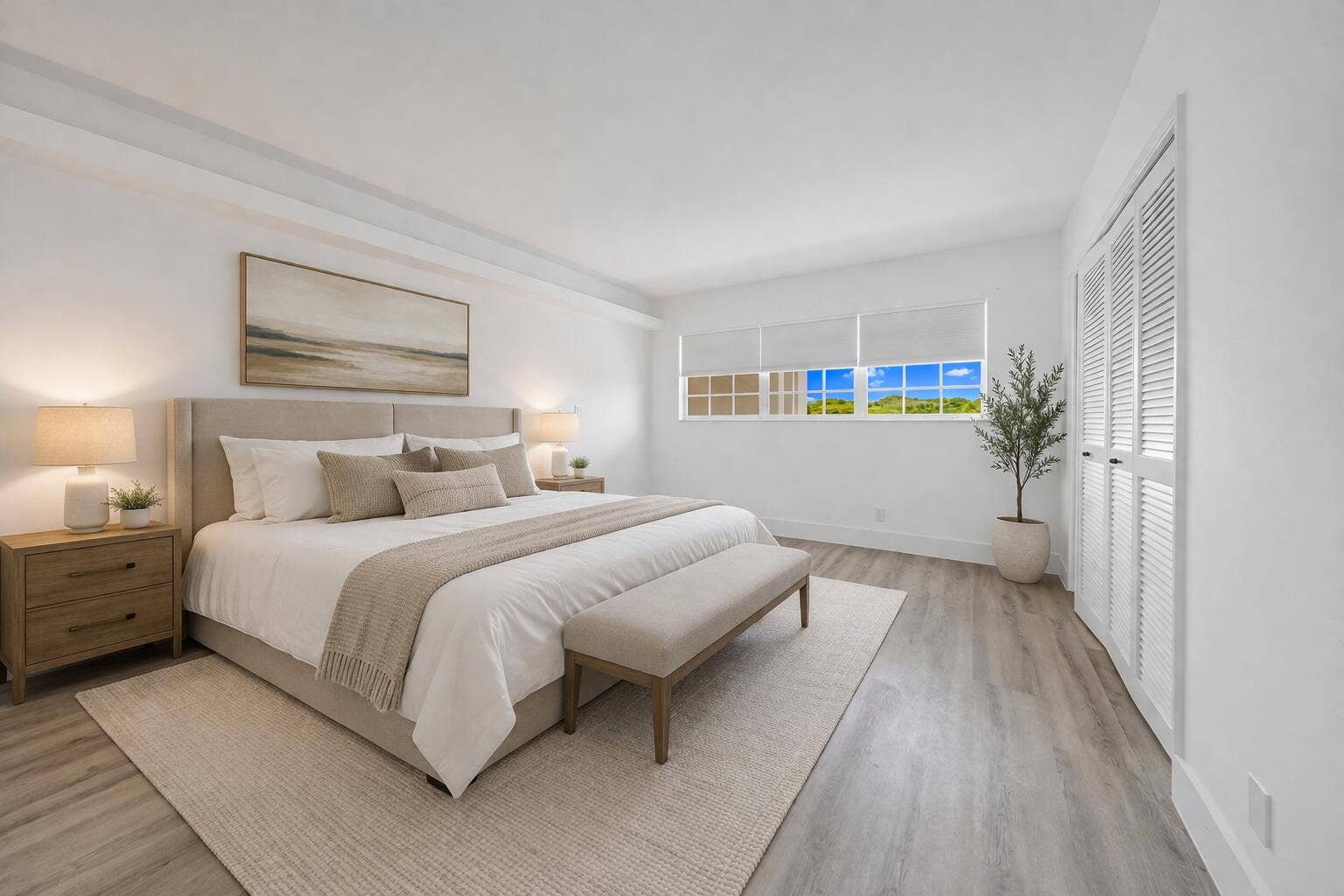 Modern minimalist bedroom with natural l