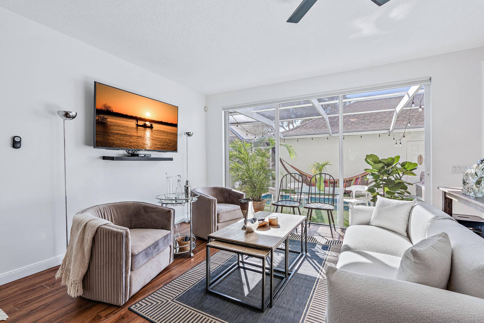 Family room overlooking the pool patio