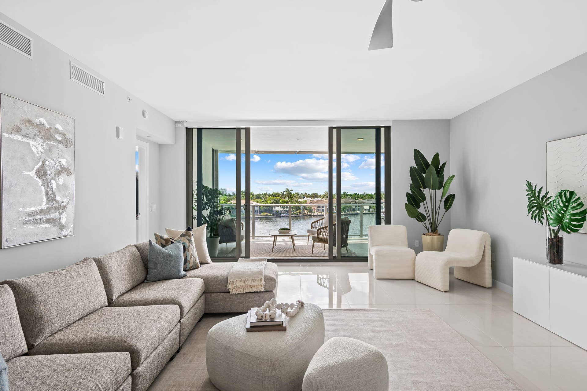 435 Bayshore Drive, #302, Fort Lauderdale, FL 33304 Living room with View of the Intracoastal, Middle River and Downtown, across from $30-40M homes