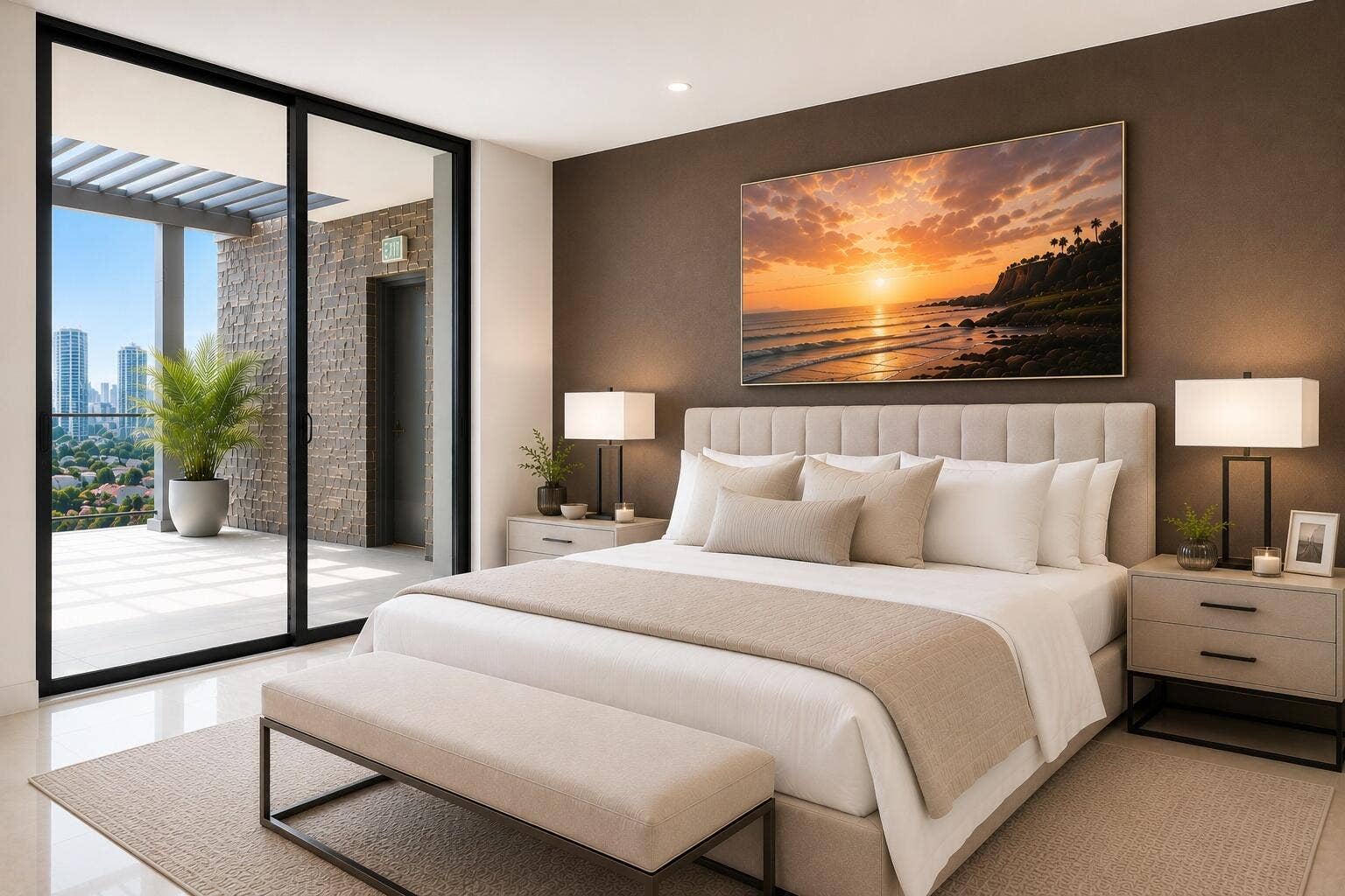 435 Bayshore Drive, #302, Fort Lauderdale, FL 33304 Virtually staged En-suite Guest Bedroom 2 with access to the 555sf. East terrace