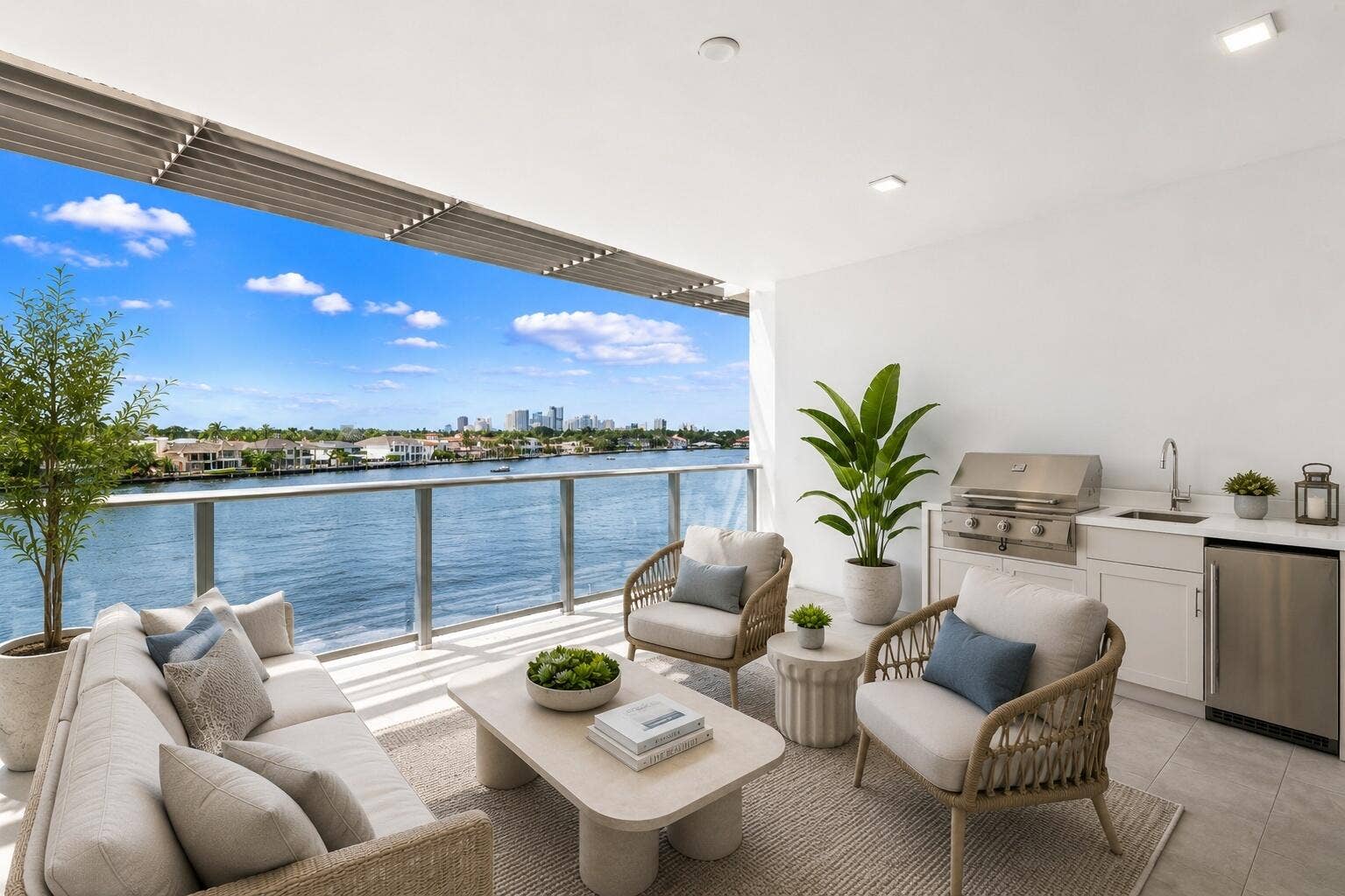 435 Bayshore Drive, #302, Fort Lauderdale, FL 33304 Expansive balcony view of the Widest part of the Intracoastal and Middle River across from $30-40M homes