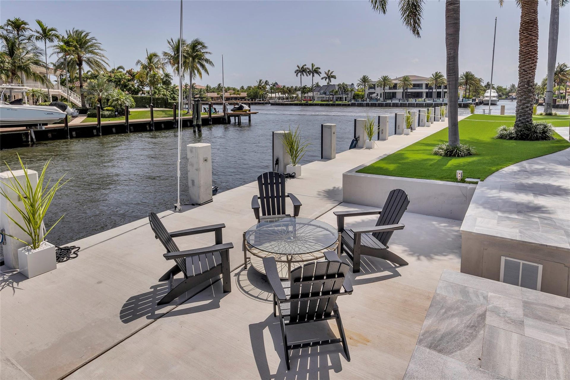 Outdoor sitting area on canal with intercostal views.