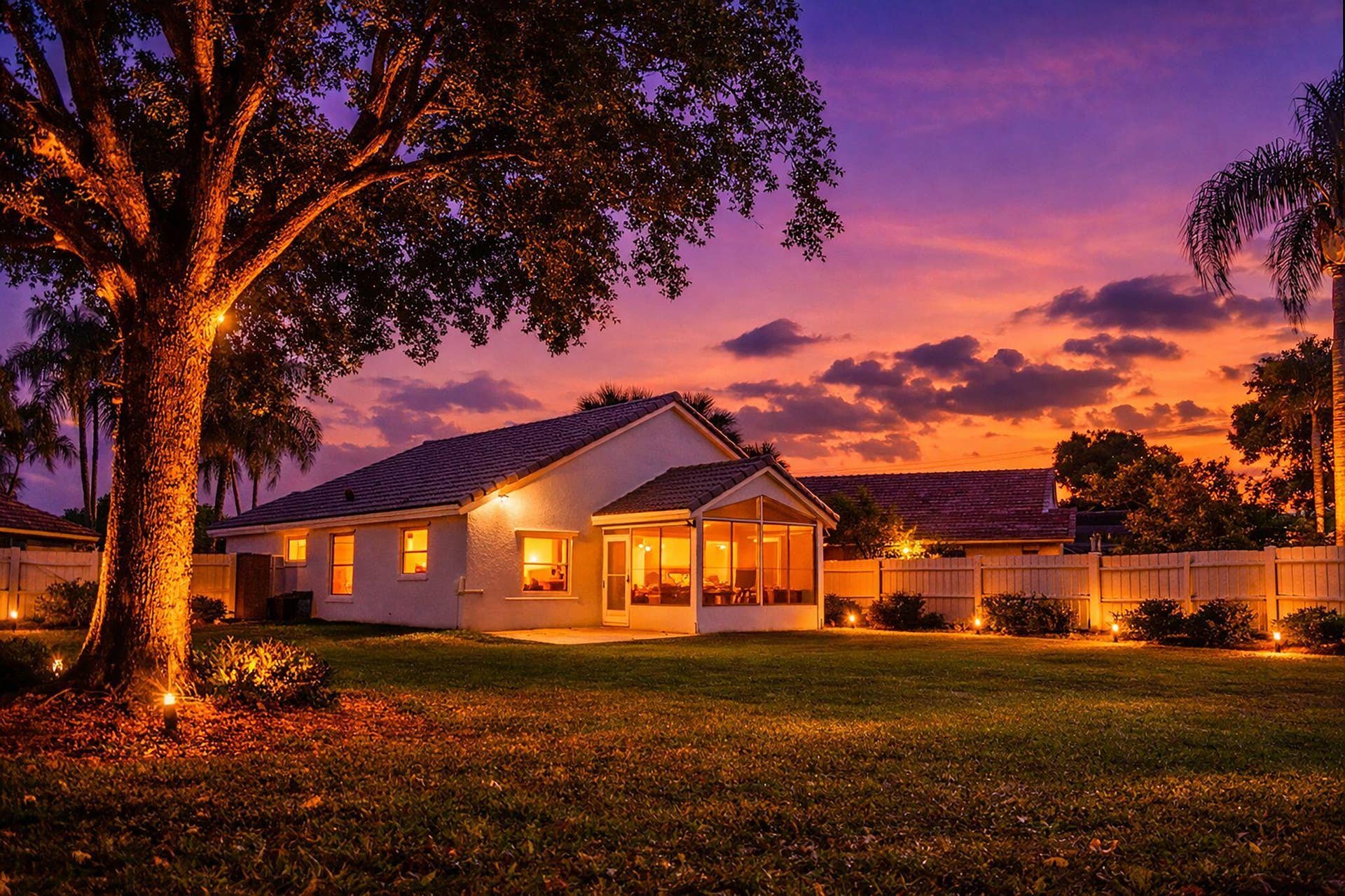 twilight photo of back of the property