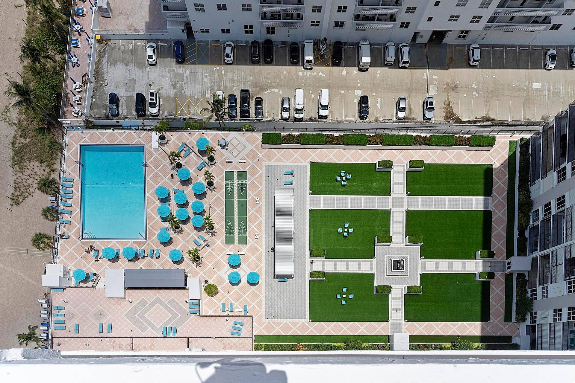 Aerial View from balcony overlooking pool and courtyard