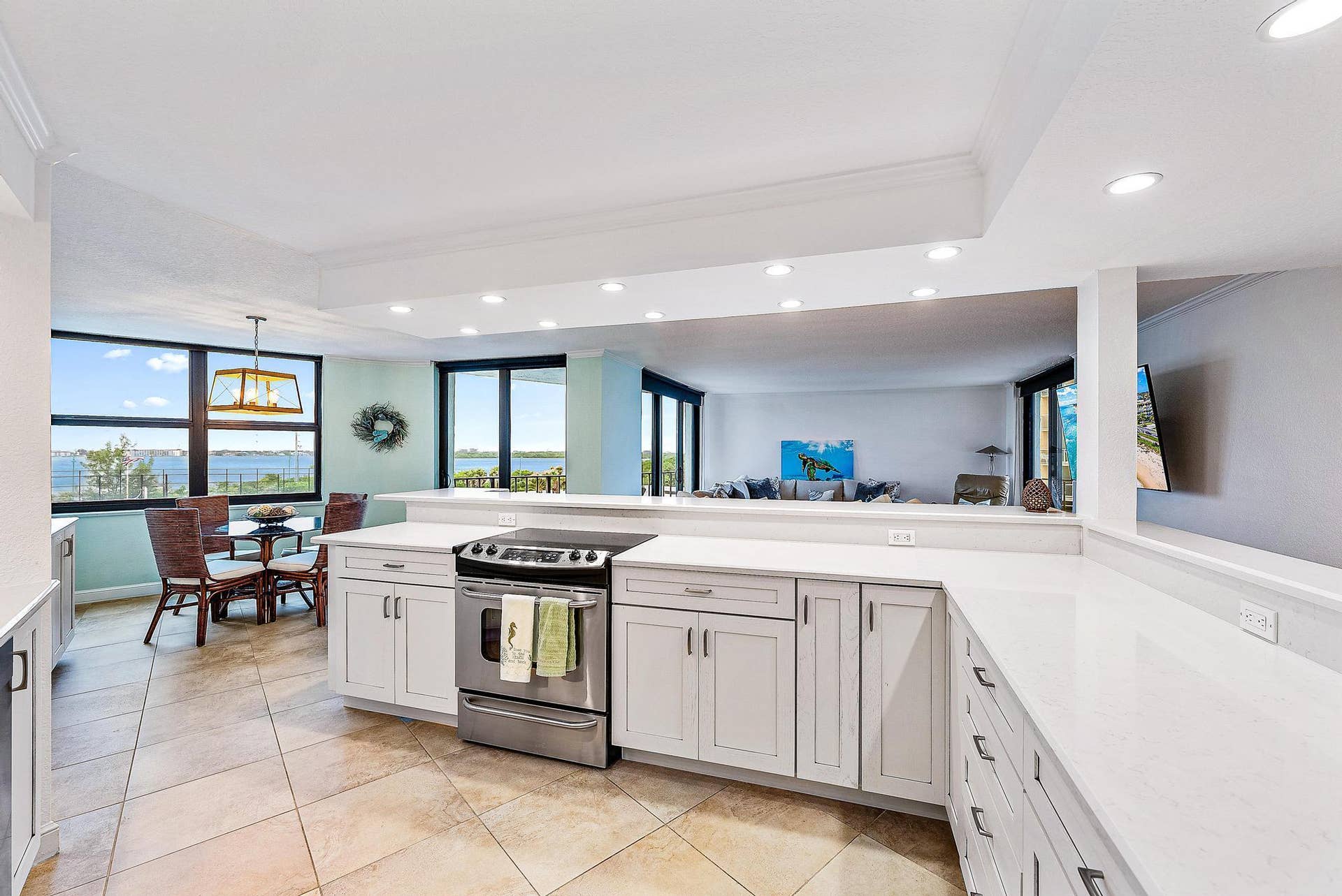 Kitchen opens to dining and Living room