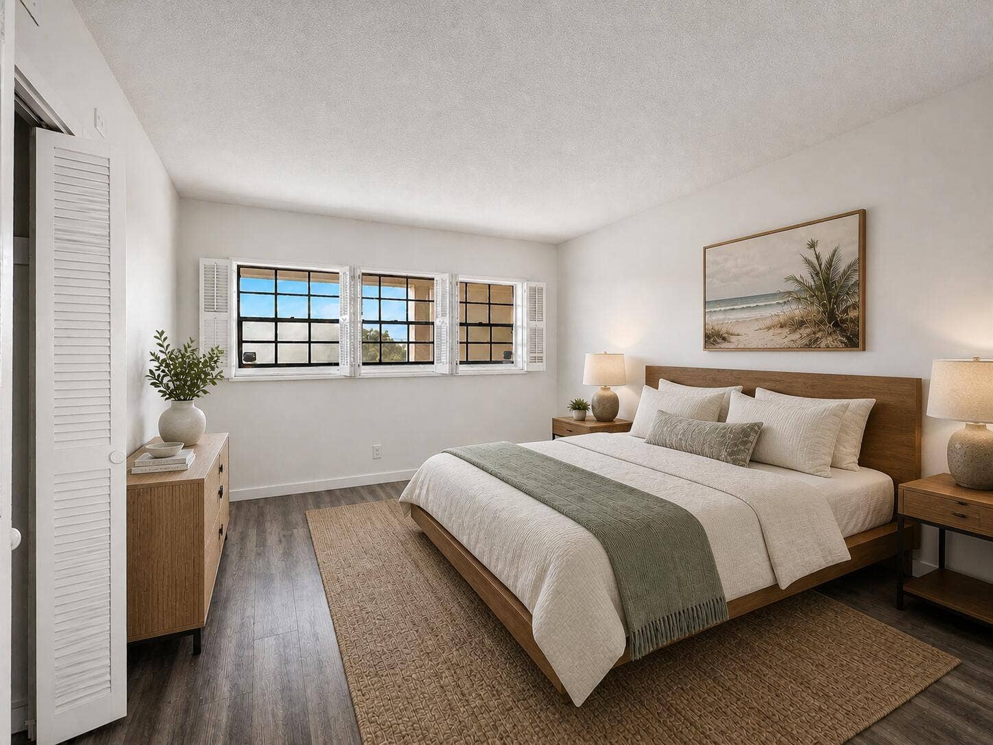 2950 N Palm Aire Drive, #506, Pompano Beach, FL 33069 Primary Bedroom features vinyl flooring, multiple windows for natural light, and a neutral color palette. Louvered closet doors and simple finishes provide a comfortable and functional retreat. Photo has been virtually staged for illustrative purposes. Furniture and decor shown are digitally added.
