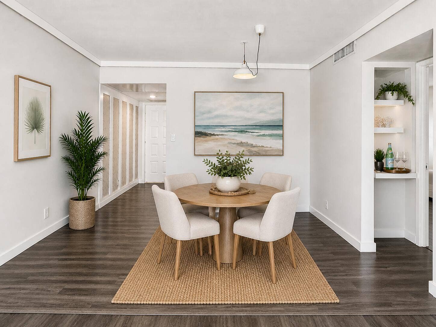 2950 N Palm Aire Drive, #506, Pompano Beach, FL 33069 Dining area includes vinyl flooring, modern lighting, and an open layout connecting seamlessly to the main living spaces. Neutral finishes provide a clean and welcoming setting for everyday dining. Photo has been virtually staged for illustrative purposes. Furniture and decor shown are digitally added.