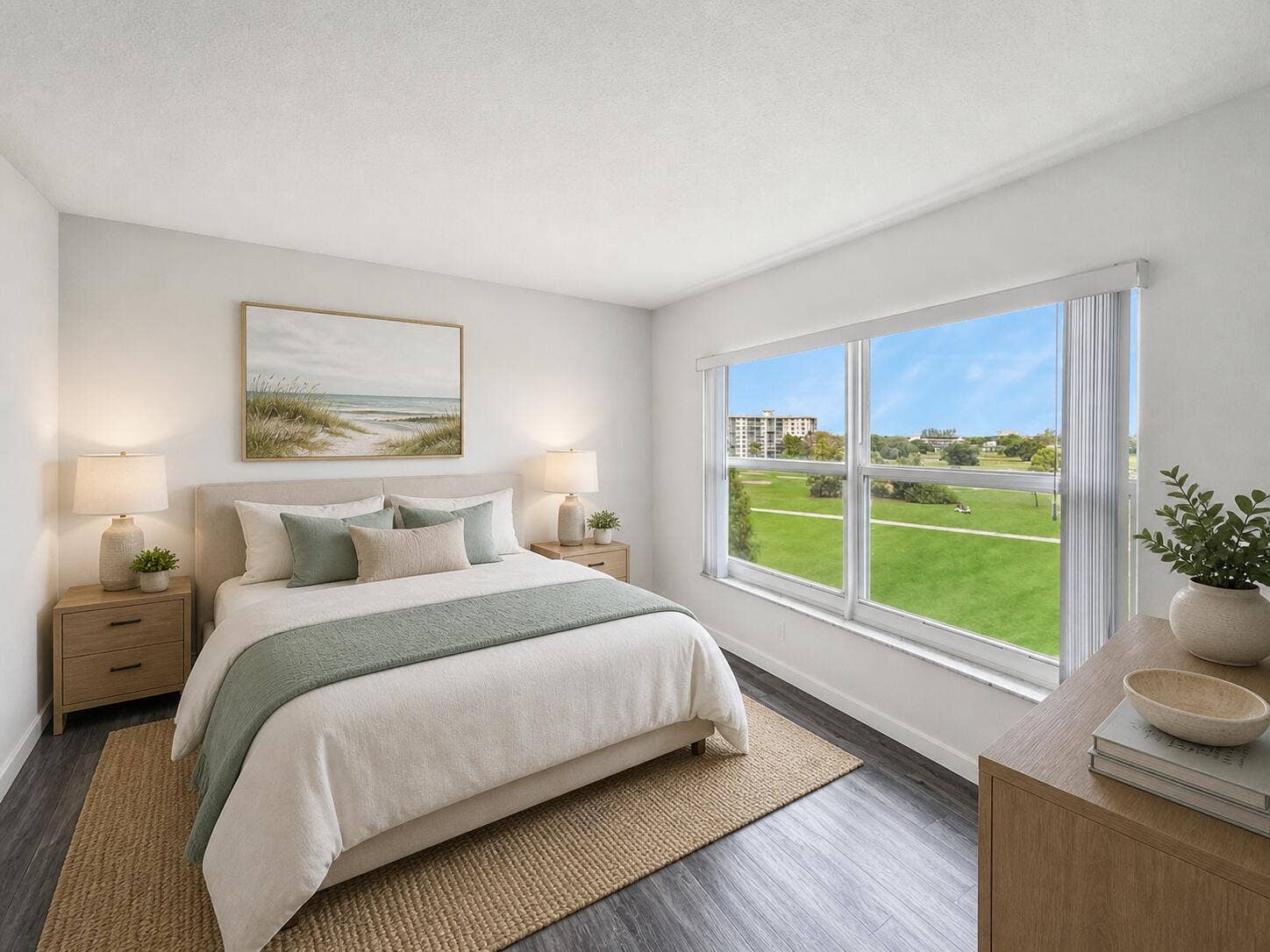 2950 N Palm Aire Drive, #506, Pompano Beach, FL 33069 Second Bedroom offers wide windows with open green space views and abundant natural light. Vinyl flooring and soft neutral tones create a bright and inviting atmosphere. Photo has been virtually staged for illustrative purposes. Furniture and decor shown are digitally added.