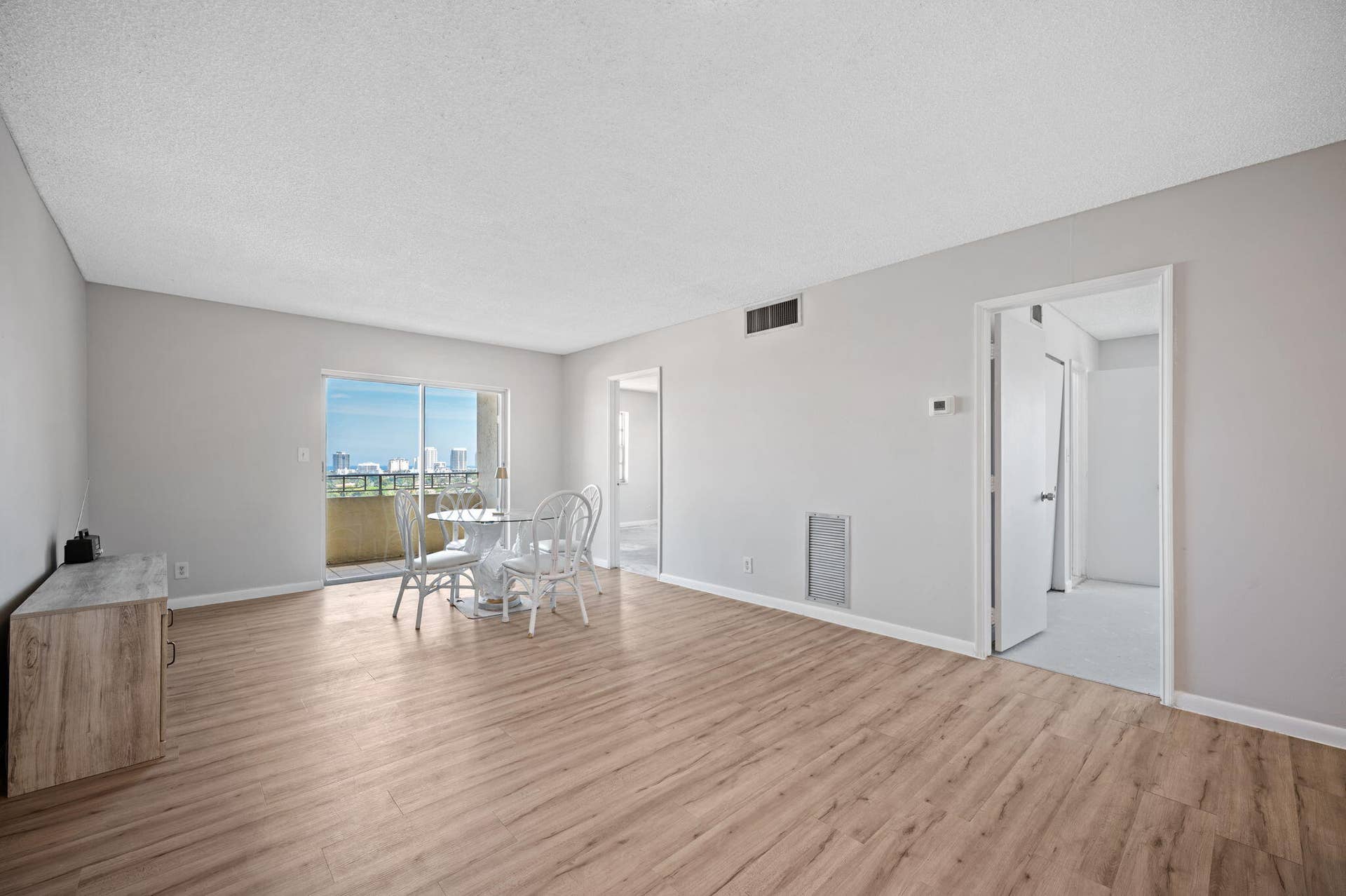 900 NE 18th Avenue, #1406-1407, Fort Lauderdale, FL 33304 Units PH 1406 & PH 1407 are being sold together for $565,000. Unit 1406 Living area, the balcony and the two bedroom doors.