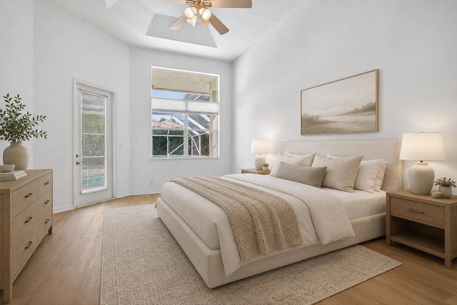 Spacious primary bedroom with pool views! (Virtually Staged image)