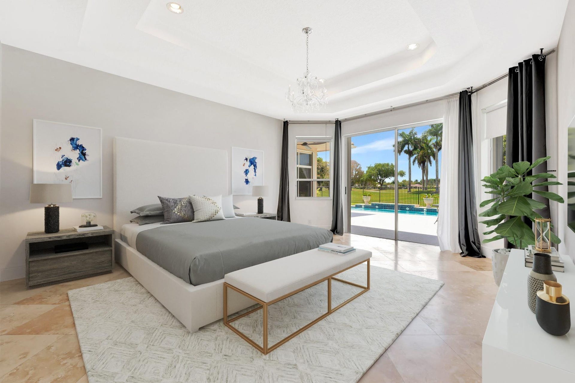 2491 Eagle Run Drive, Weston, FL 33327 Virtually staged primary bedroom (stunning bright views of the pool and golf REAL)
