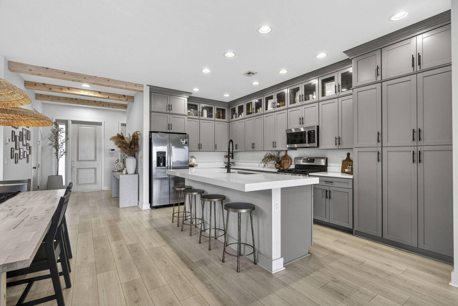 Custom cabinets hide support beam