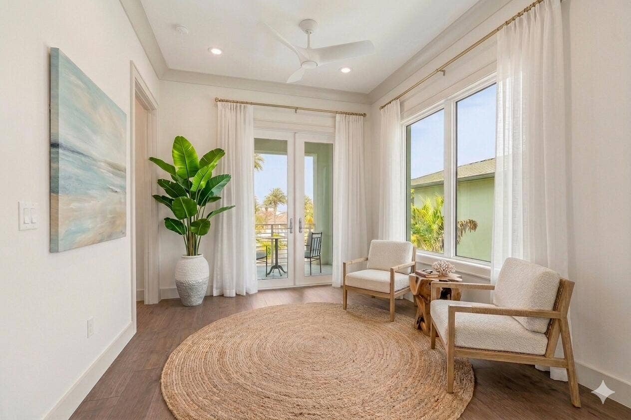 4842 S Harbor Drive, Vero Beach, FL 32967 The second-floor lounge offers a tranquil retreat, perfectly curated as a cozy reading nook.