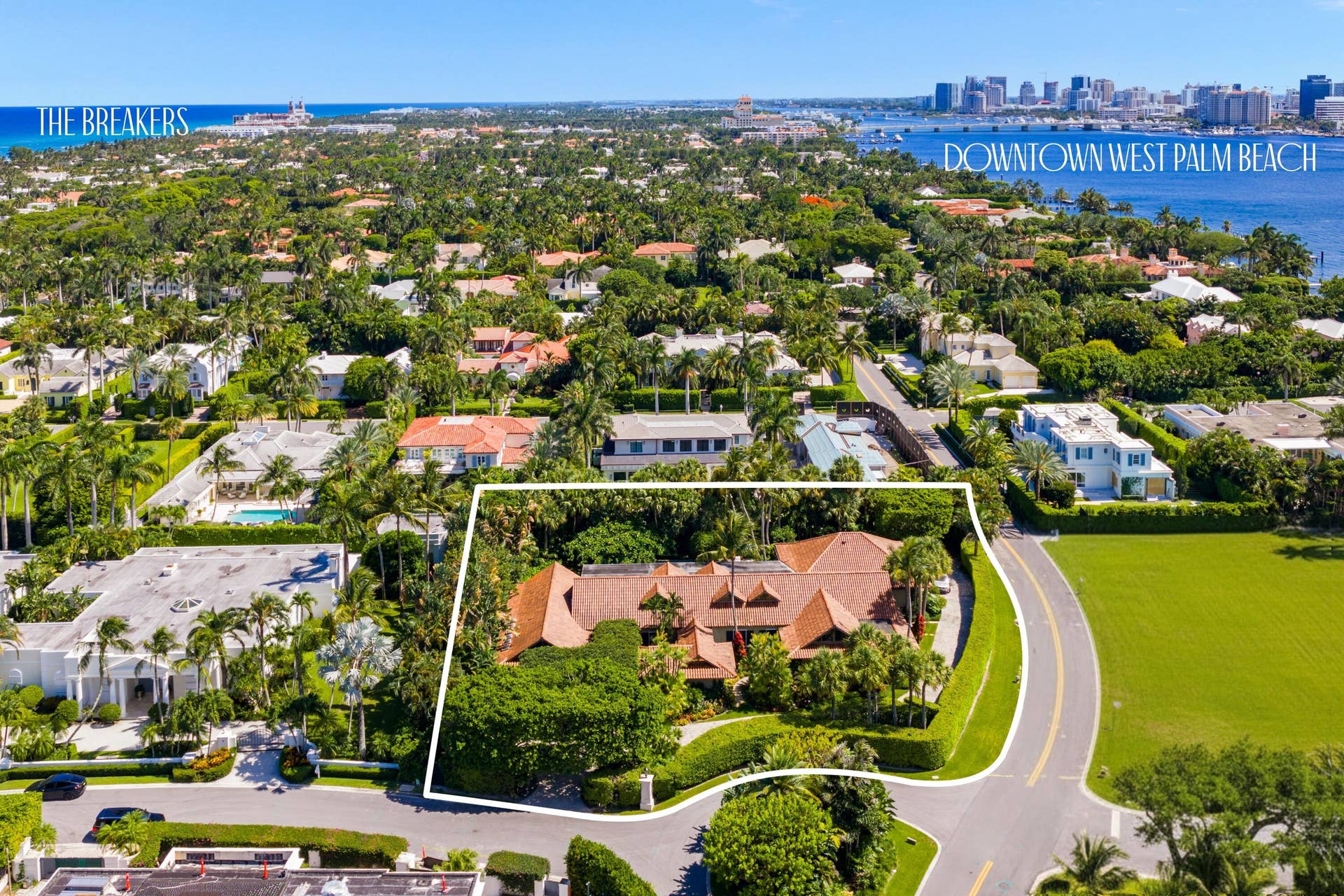 6 La Costa Way, Palm Beach, FL 33480 Aerial View of single story over 8,000 Sf home sited on a .78 acre lot.