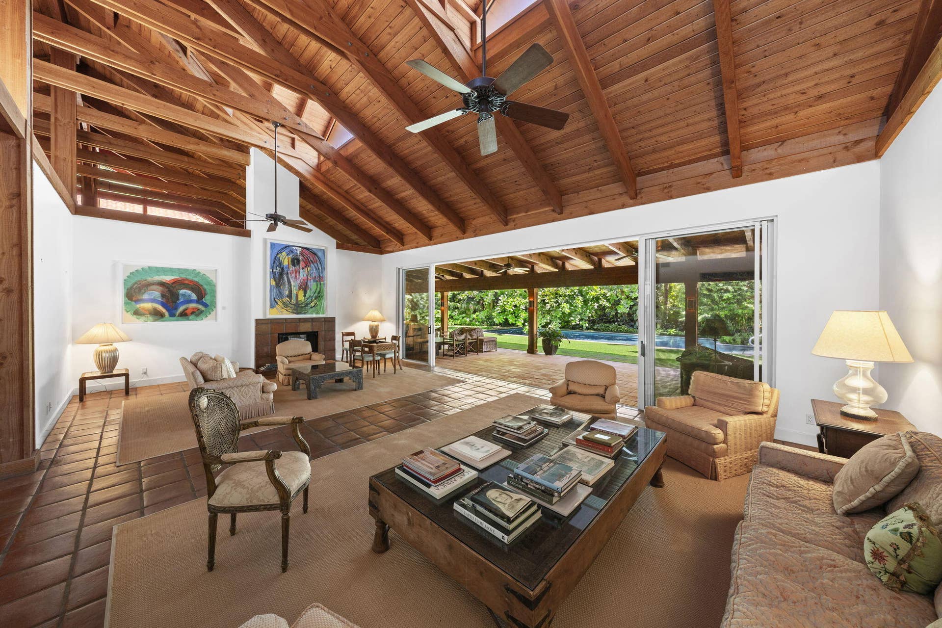 6 La Costa Way, Palm Beach, FL 33480 Living Room with California Redwood Beamed 20 Ft ceilings.