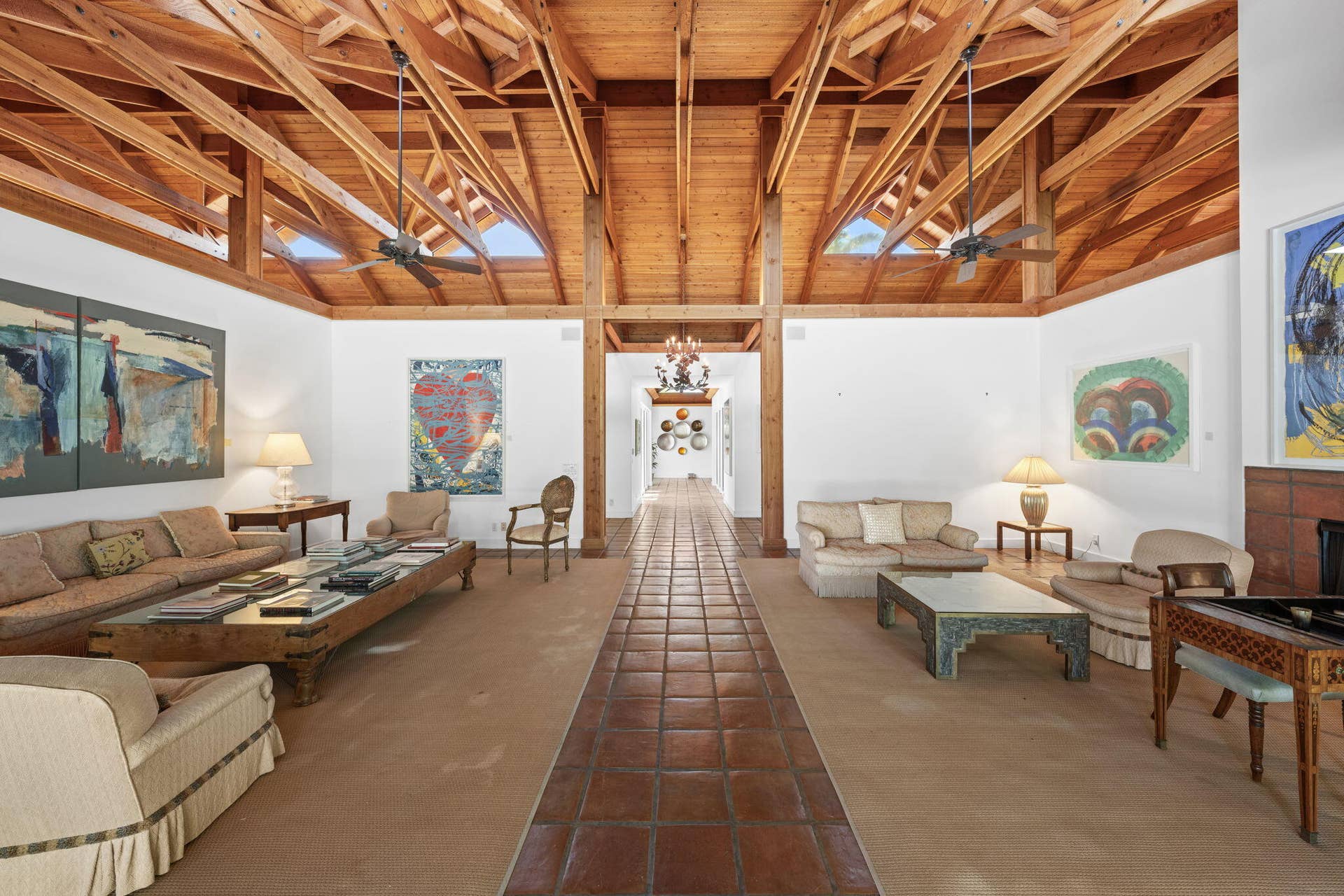 6 La Costa Way, Palm Beach, FL 33480 Living Room with California Redwood Beamed 20 Ft ceilings.