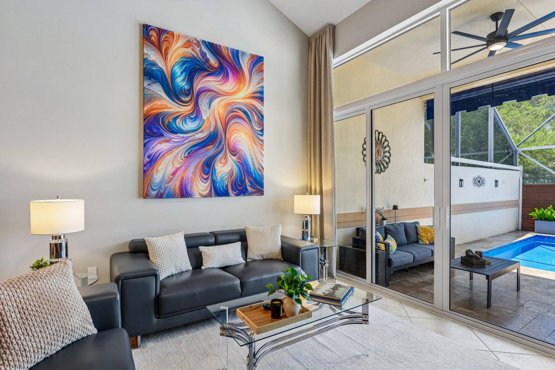 692 W Palm Aire Drive, Pompano Beach, FL 33069 Living Room With Vaulted Ceiling With Private Pool & Golf Course Views