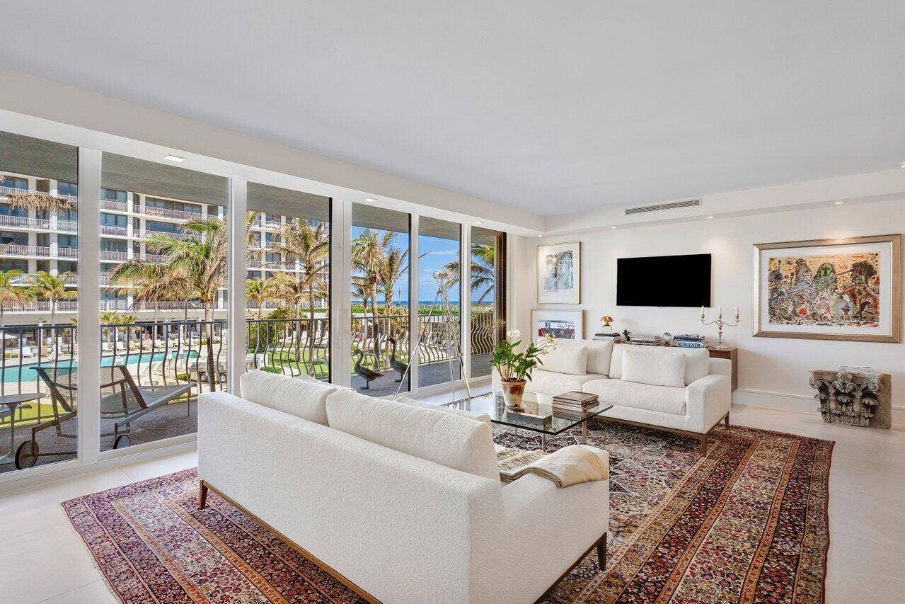 2000 S Ocean Boulevard, #103, Palm Beach, FL 33480 Living Room & Pool View
