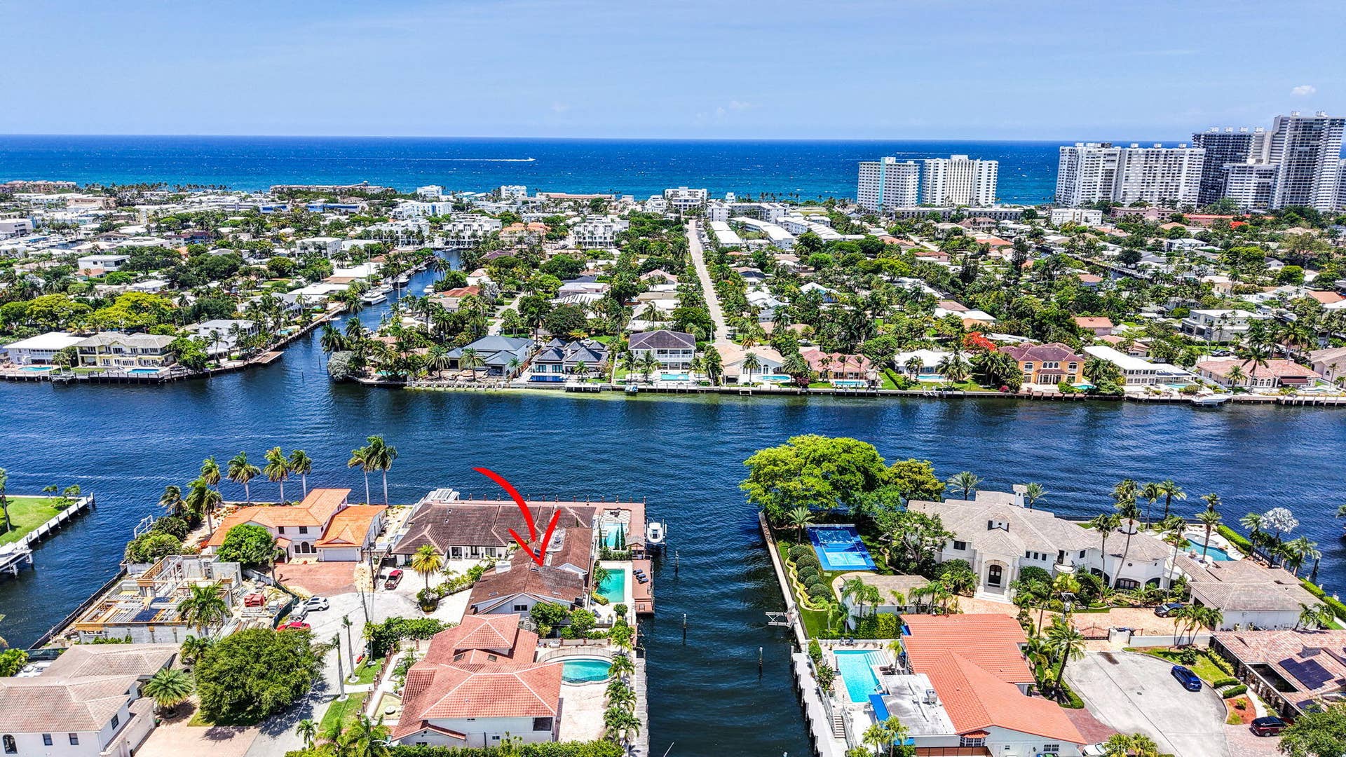 3110 NE 47th Street, Fort Lauderdale, FL 33308 The aerial context highlights the homes proximity to the ocean, waterways, and surrounding Fort Lauderdale coastline.