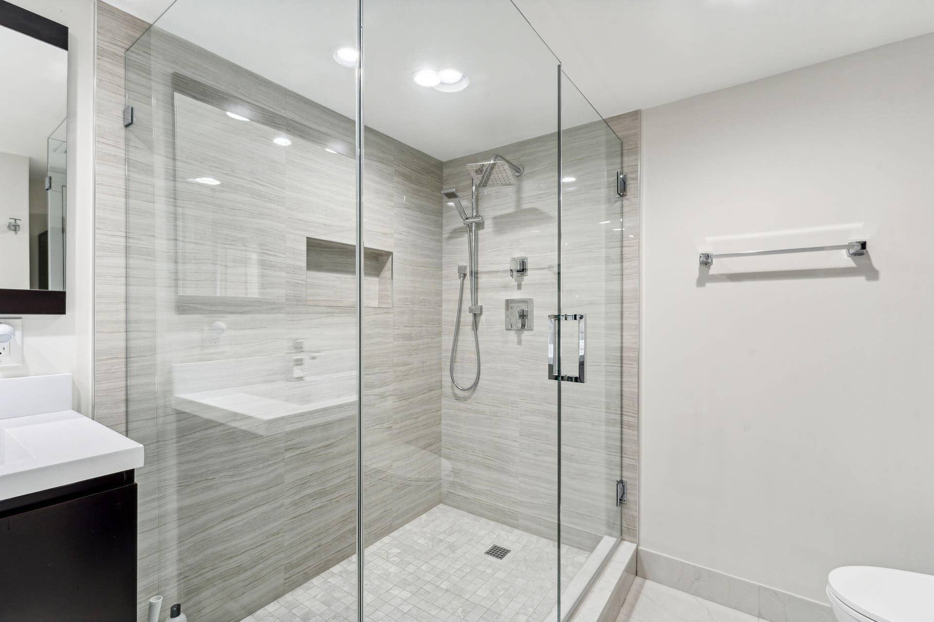 Primary bath with frameless glass shower doors