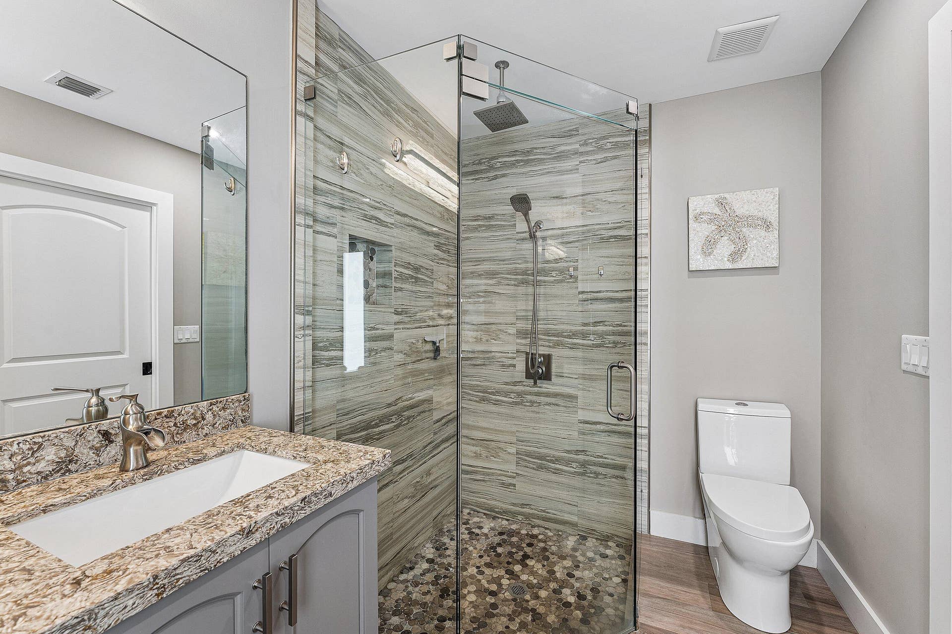 Glass Enclosed Shower with Ceiling Mounted Rain Shower