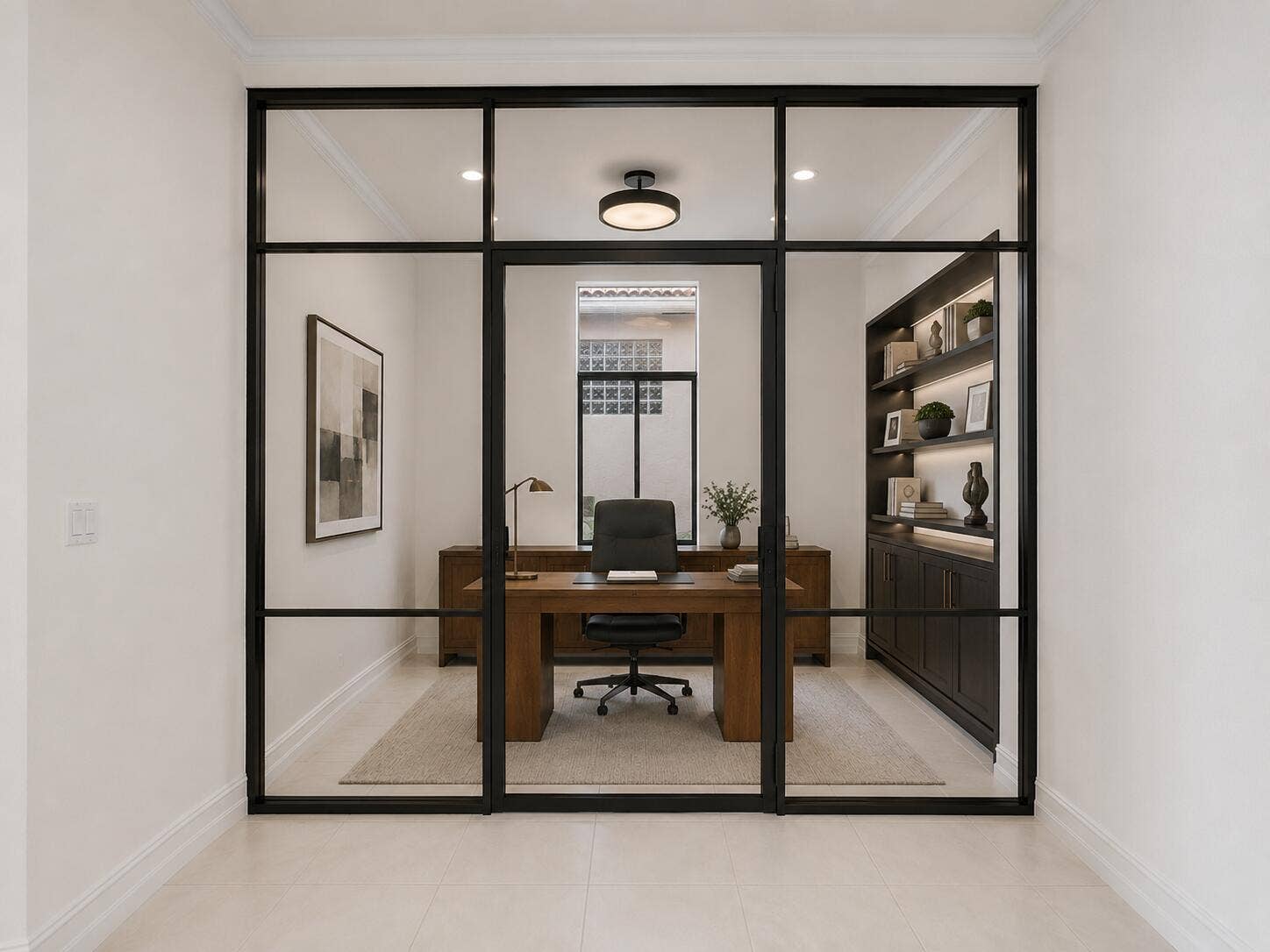 This is a rendering demonstrating how renovations, including adding glass walls and a doorway, could transform the dining room into a den or office.