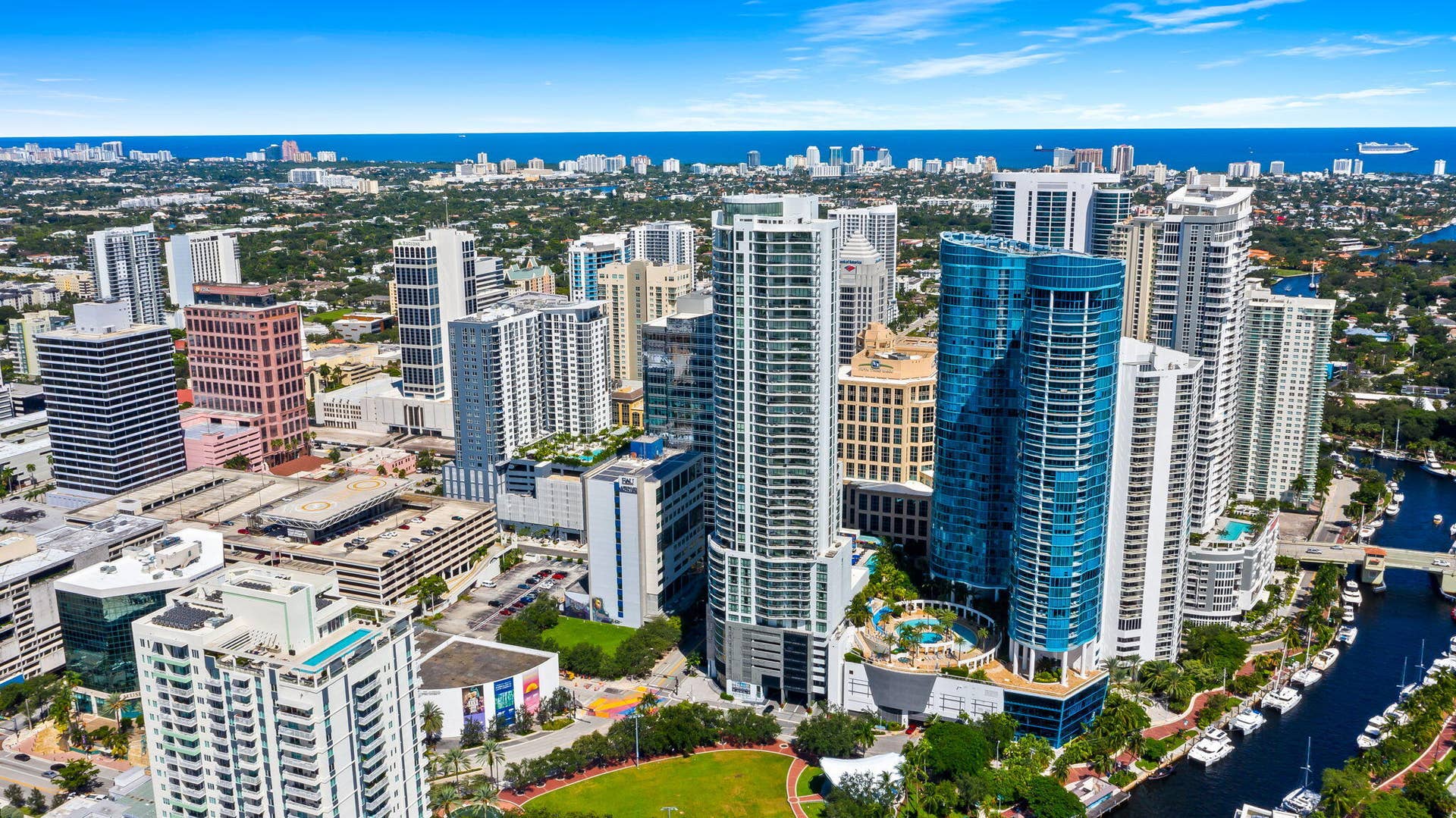 100 E Las Olas Boulevard, #3804, Fort Lauderdale, FL 33301 Aerial perspective highlighting high-rise architecture, proximity to waterways, and urban density