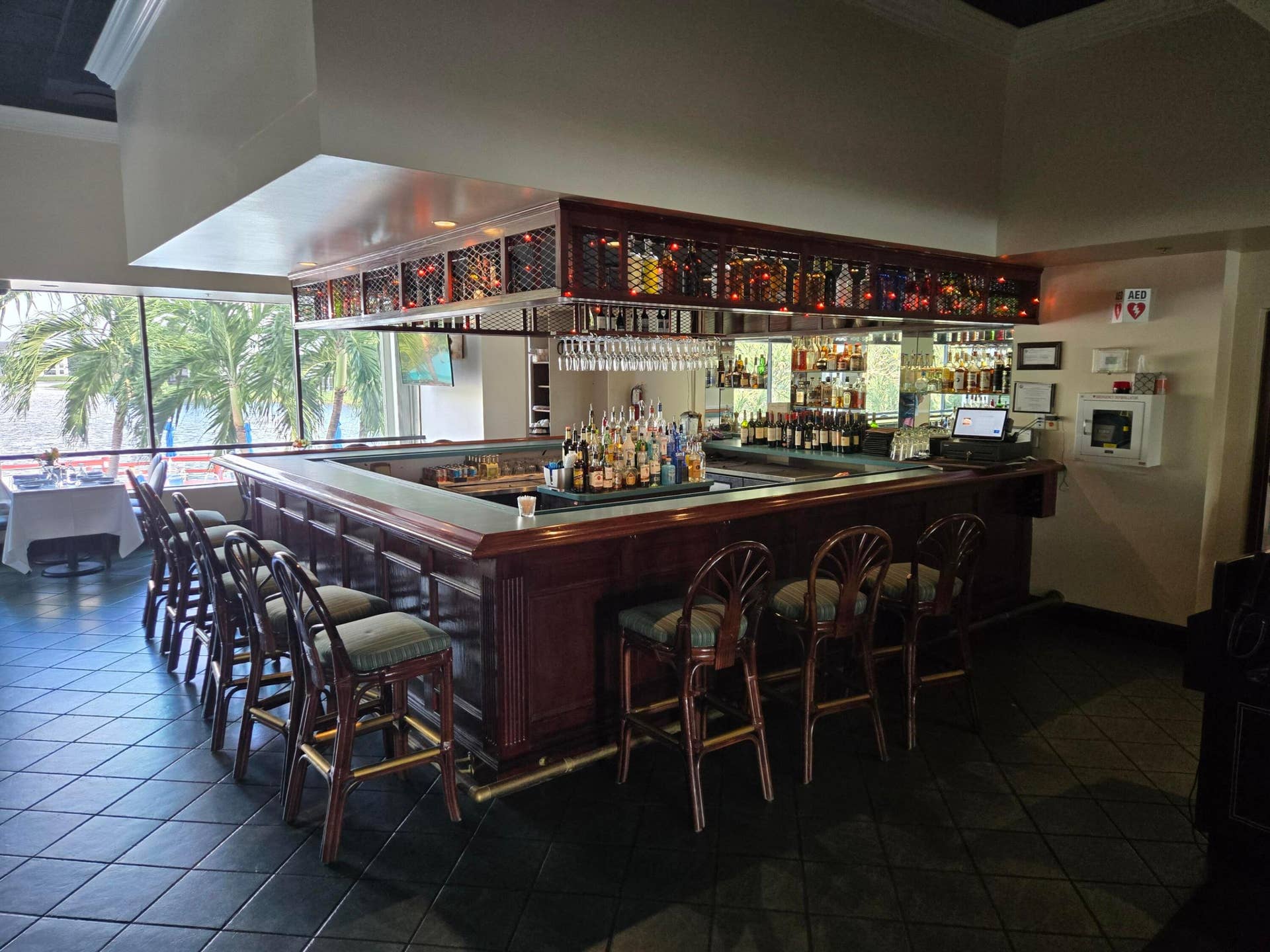 Lakeview upstairs bar and Restaurant view overlooking the pool & lake & fountain.