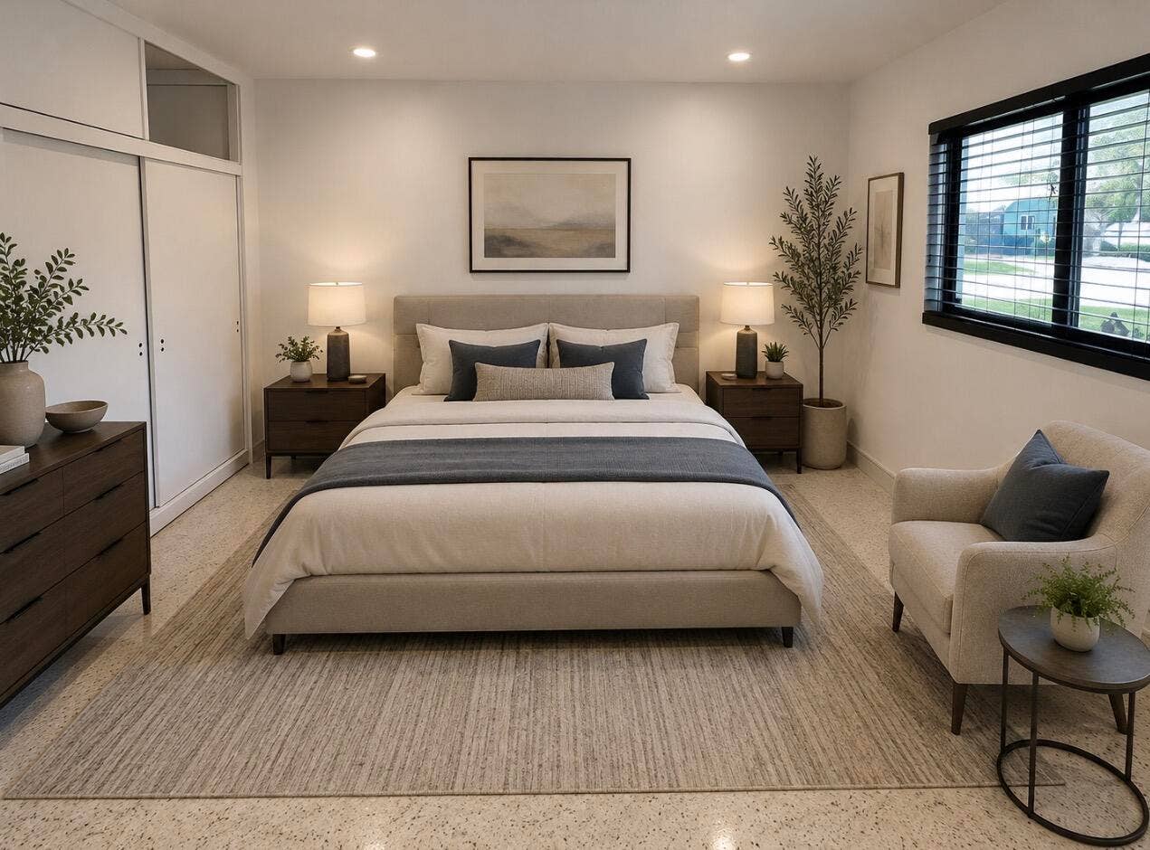 Virtually staged primary bedroom
