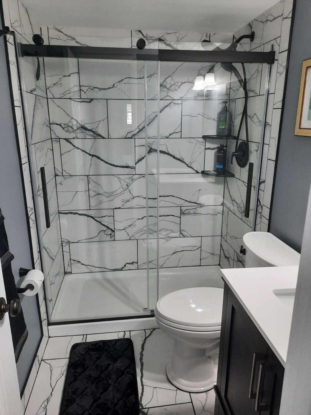 4500 N Federal Highway, #253F, Lighthouse Point, Lighthouse Point, FL 33064 Shower with frameless glass enclosure and black hardware