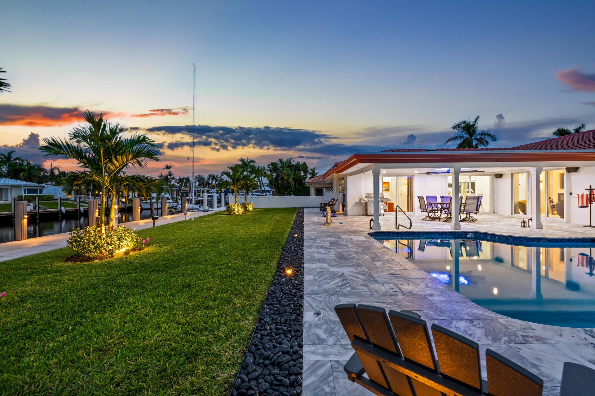2760 NE 7TH Street, Pompano Beach, Pompano Beach, FL 33062 Waterfront Backyard at Twilight