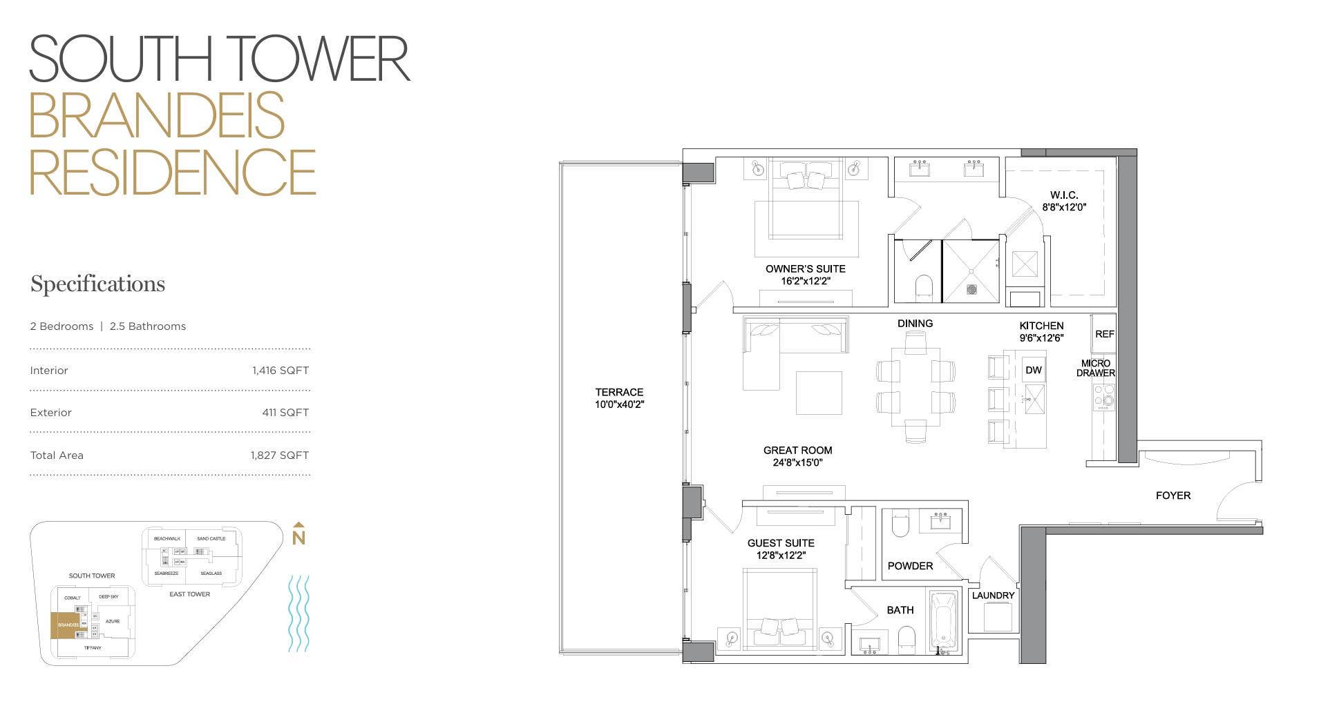 153 N Seabreeze Boulevard N, #1803, Fort Lauderdale, FL 33304 Brandeis Floor Plan