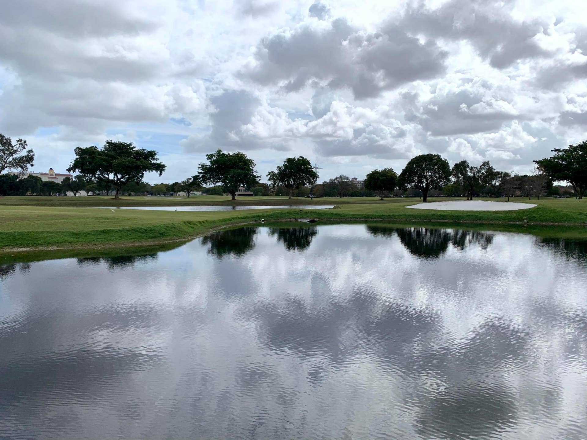 3100 W Rolling Hills Circle, #309, Davie, Davie, FL 33328 Expansive golf course frontage featuring a water hazard, manicured green space, mature trees, and a distant sand trap