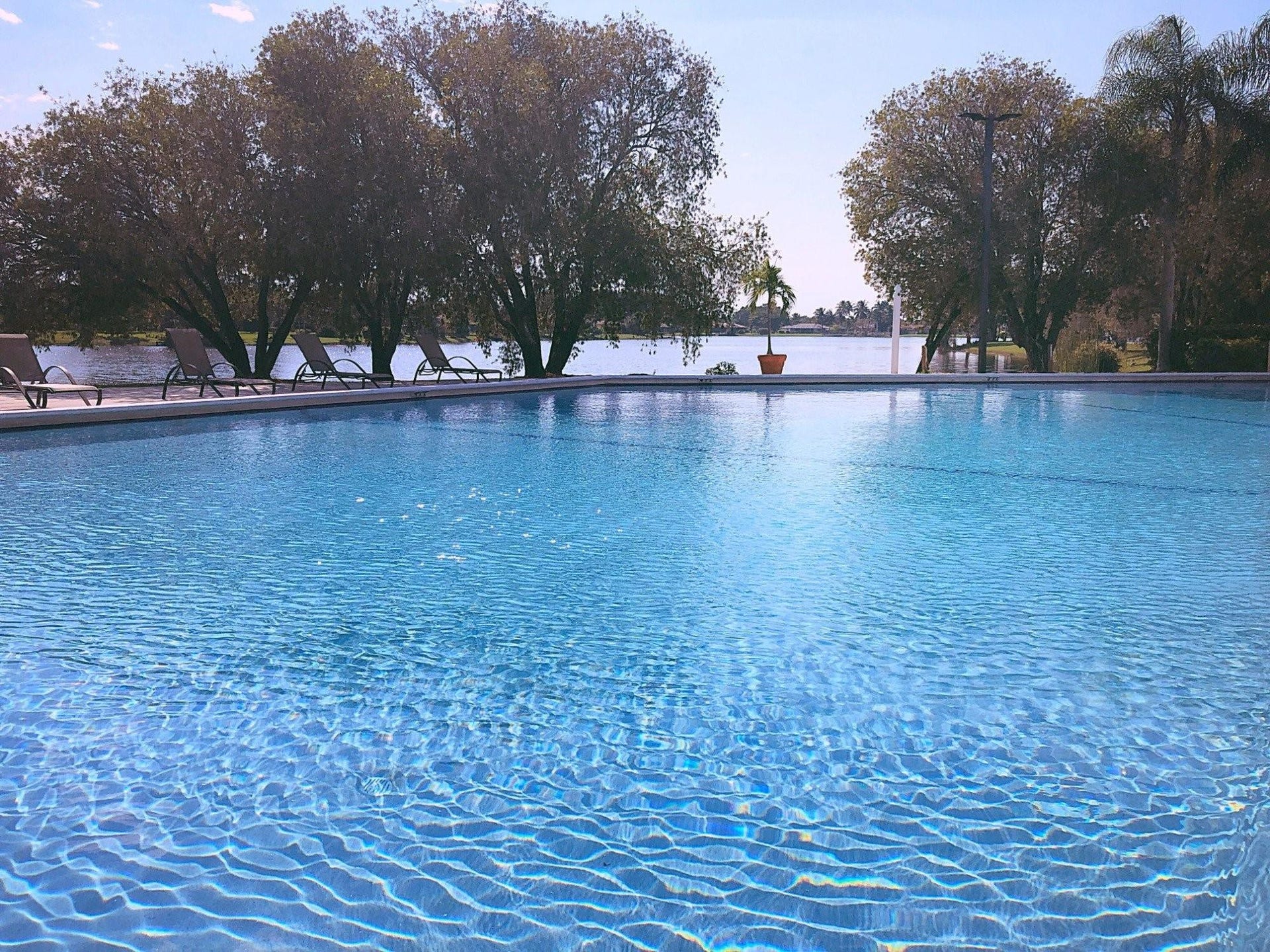 Expansive outdoor swimming pool with a surrounding hardscape border
