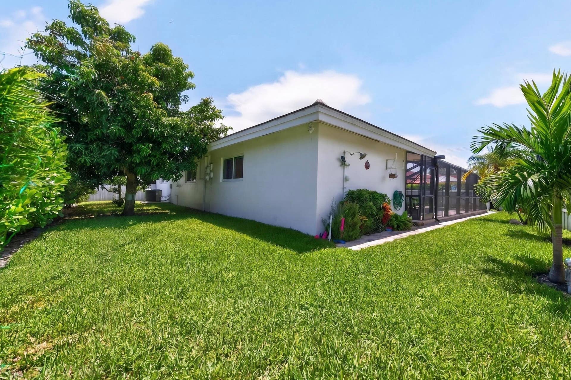 Expansive side yard featuring a manicured lawn, mature mango & avocado trees, and a privacy fence