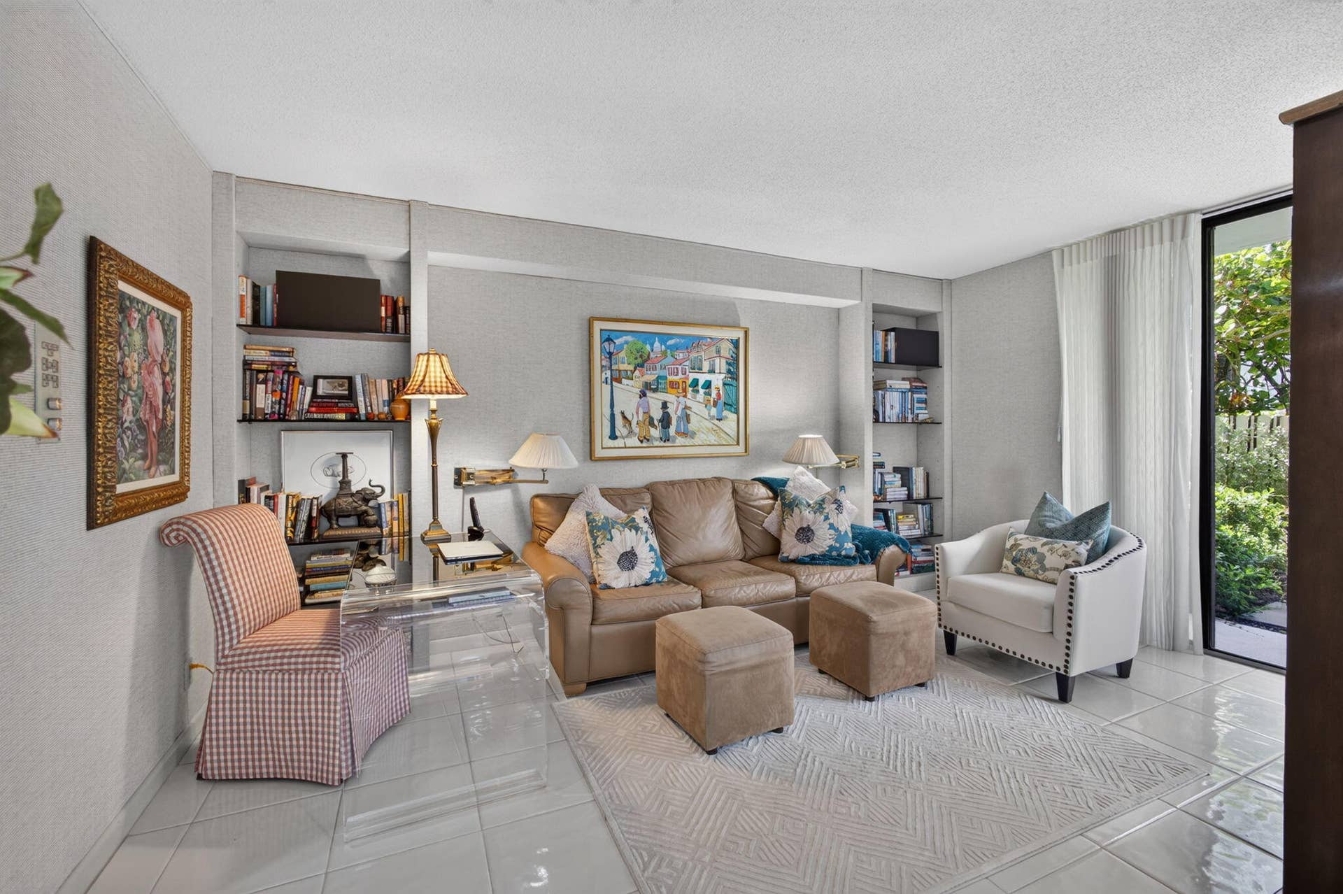3140 S Ocean Boulevard, #101 S, Palm Beach, FL 33480 Bedroom 3 / Den area featuring tile flooring, built-in shelving, and a large glass door