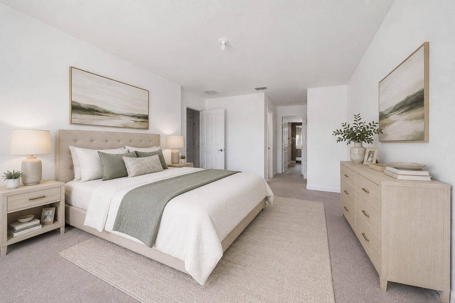 Spacious bedroom featuring light neutral carpet, white walls, and two closets - one walk-in-closet