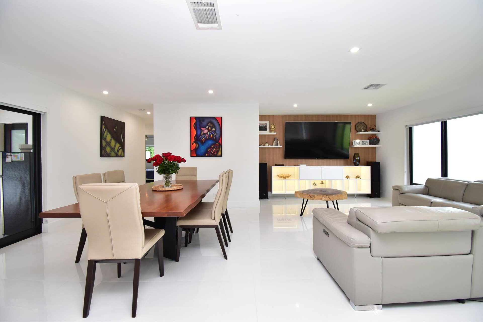 5061 SW 87TH Terrace, Cooper City, FL 33328 Open-concept living space with sleek white tile flooring and recessed lighting