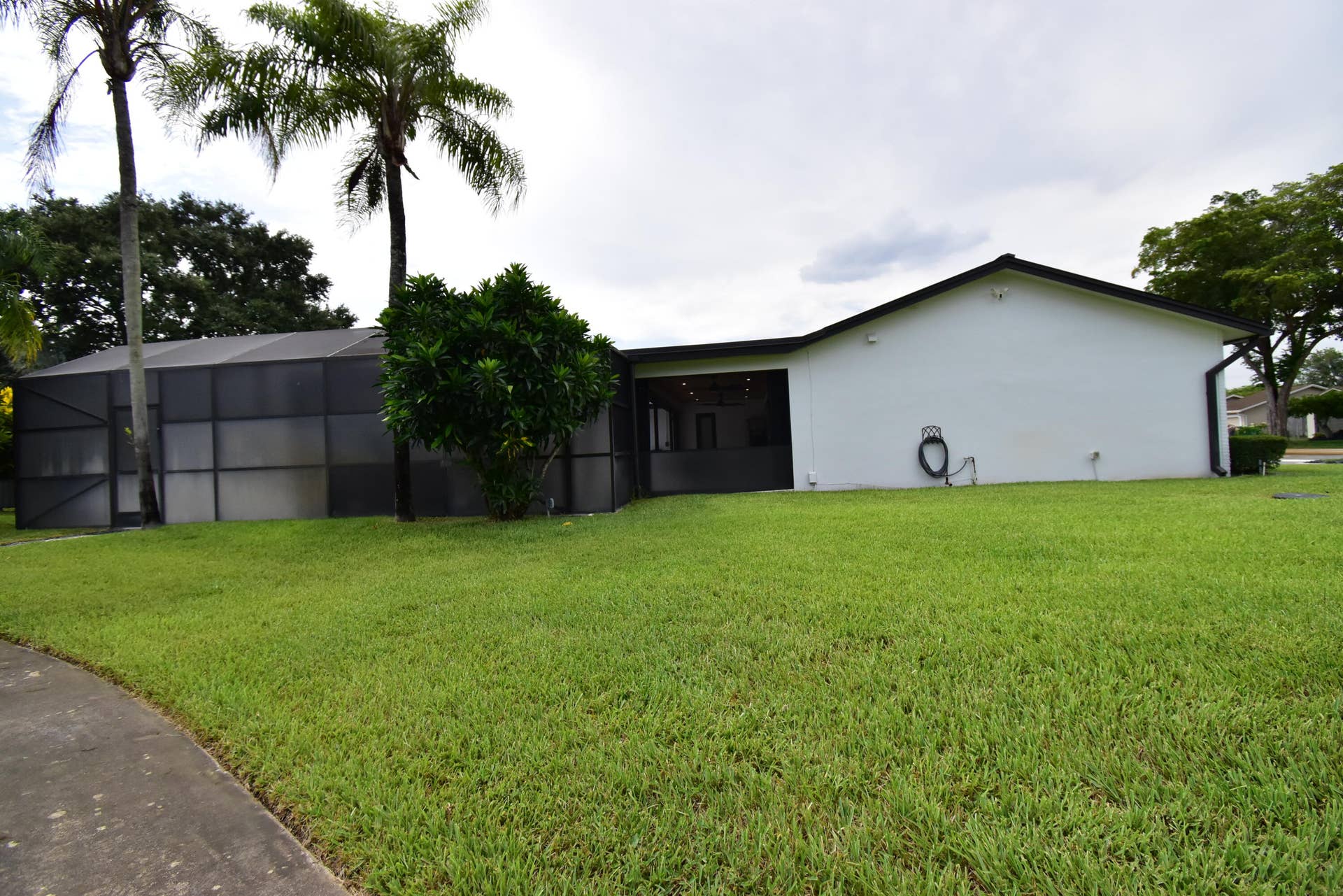 5061 SW 87TH Terrace, Cooper City, FL 33328 Expansive green lawn with a concrete pathway and mature palm trees