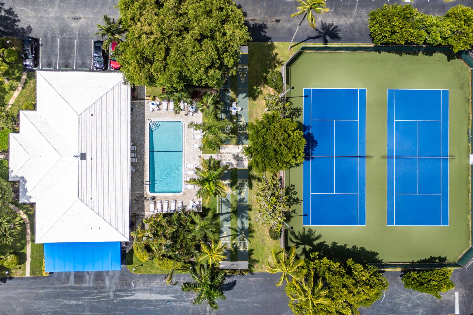 Rec center 1 with tennis courts and pool.