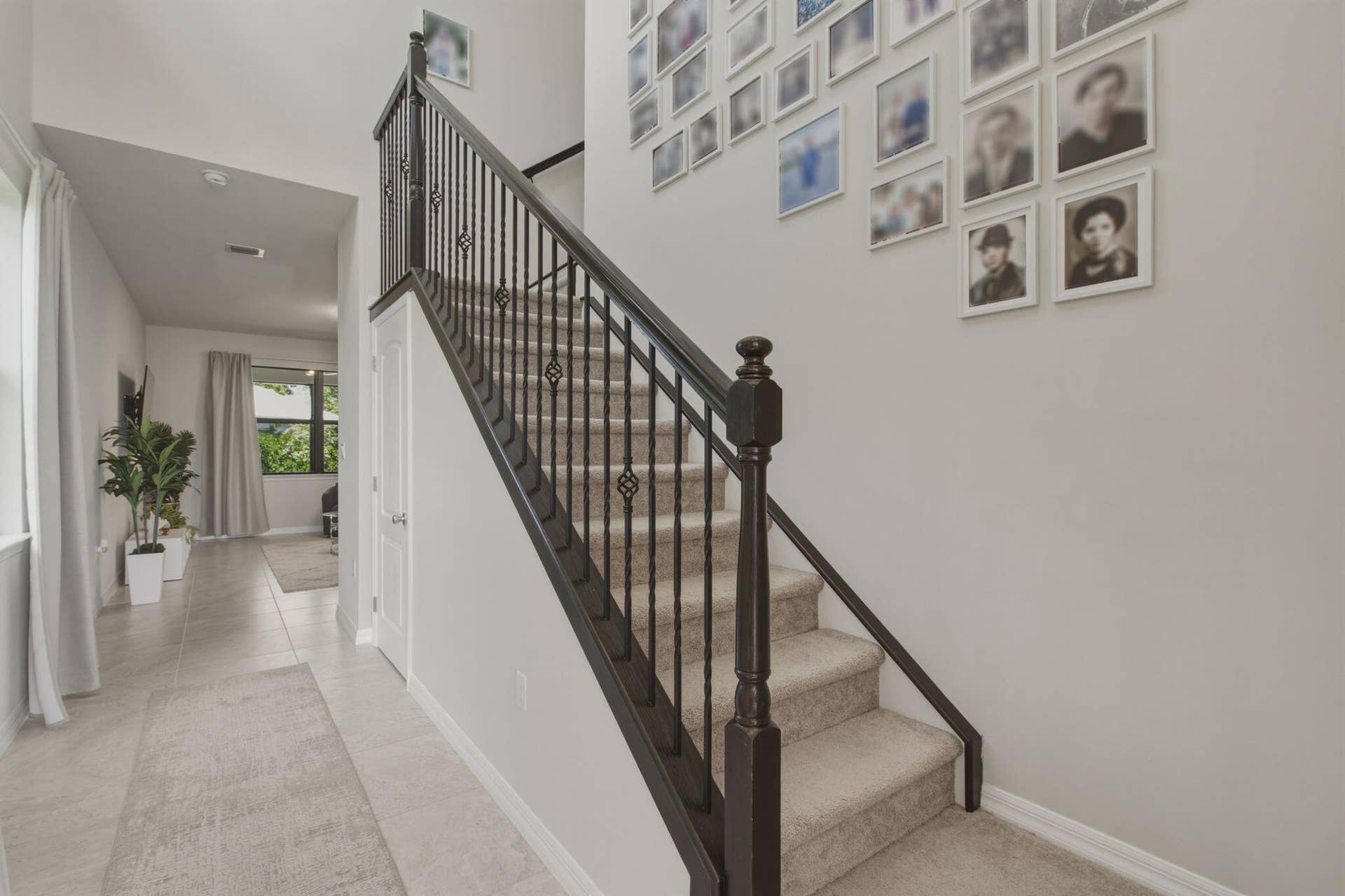 4601 Pinehurst Trail E, Oakland Park, FL 33309 Staircase featuring dark iron balusters with decorative accents, carpeted treads, and a coordinating dark wood-finish newel post and handrail
