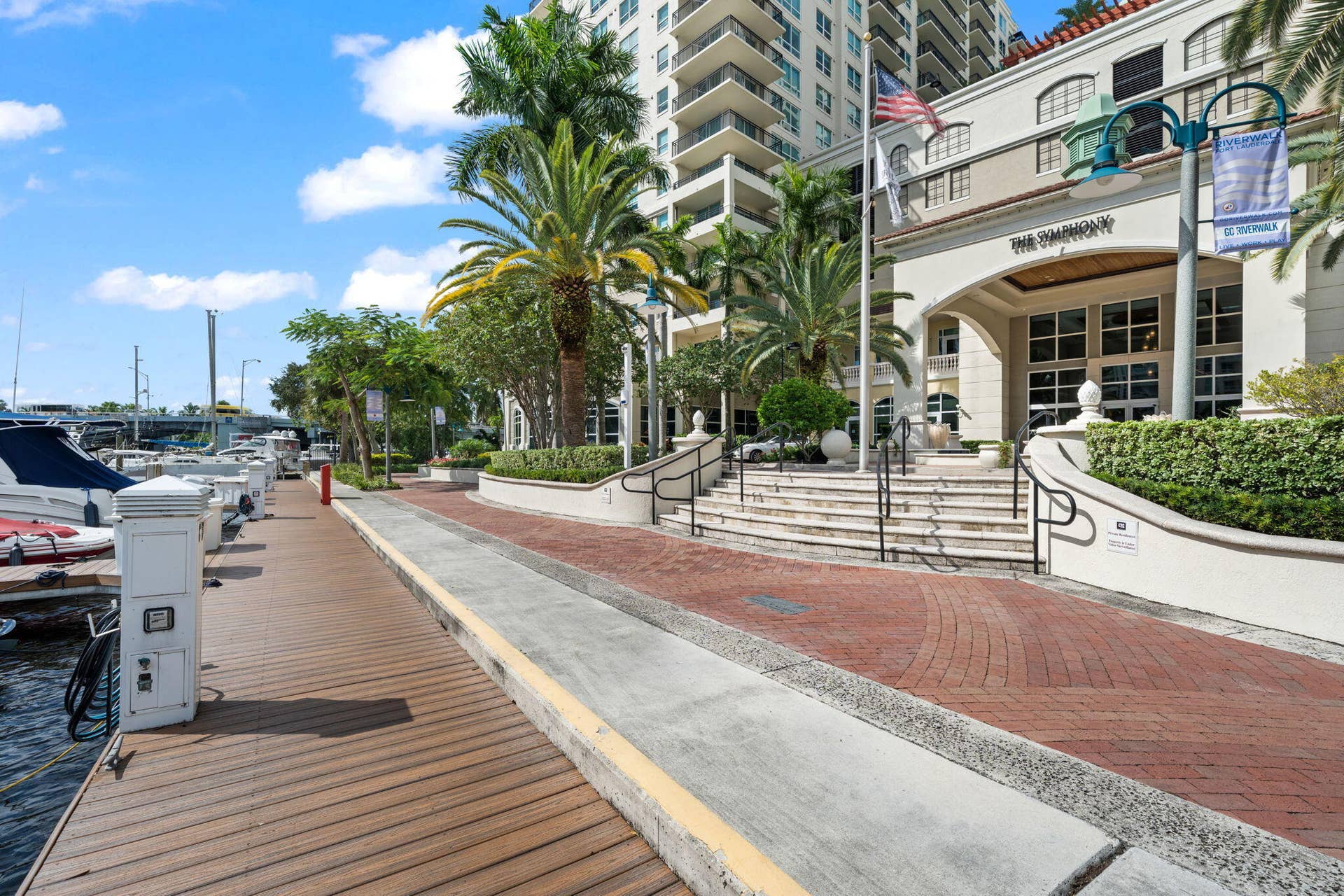 610 W Las Olas Boulevard, #115N, Fort Lauderdale, FL 33312 Waterfront promenade beside The Symphonys private residential marina, with boat slips & direct access to the Riverwalk.