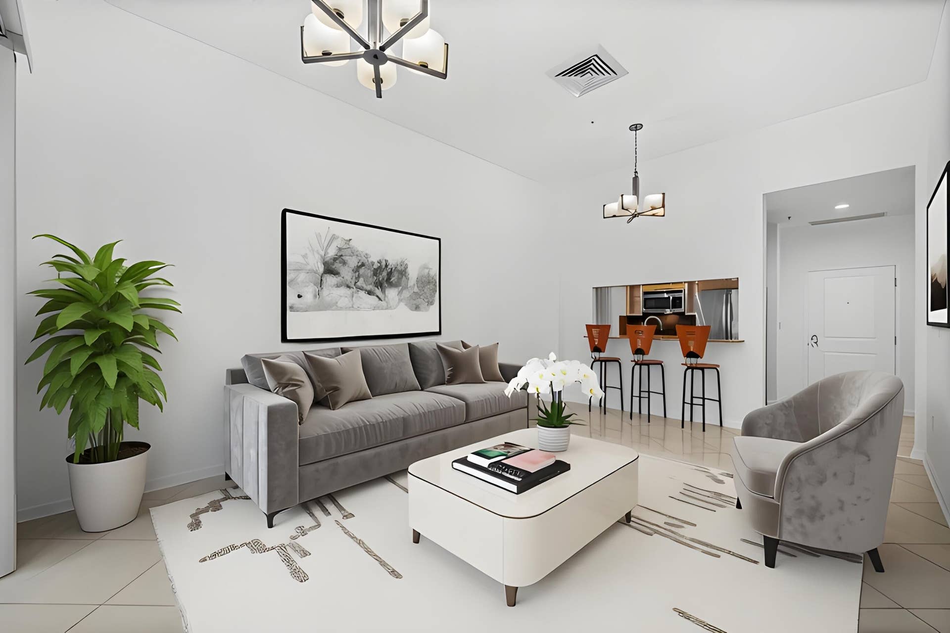 610 W Las Olas Boulevard, #115N, Fort Lauderdale, FL 33312 Alternate view showcasing the spacious proportions, contemporary lighting & open connection between the living area, dining space & kitchen.