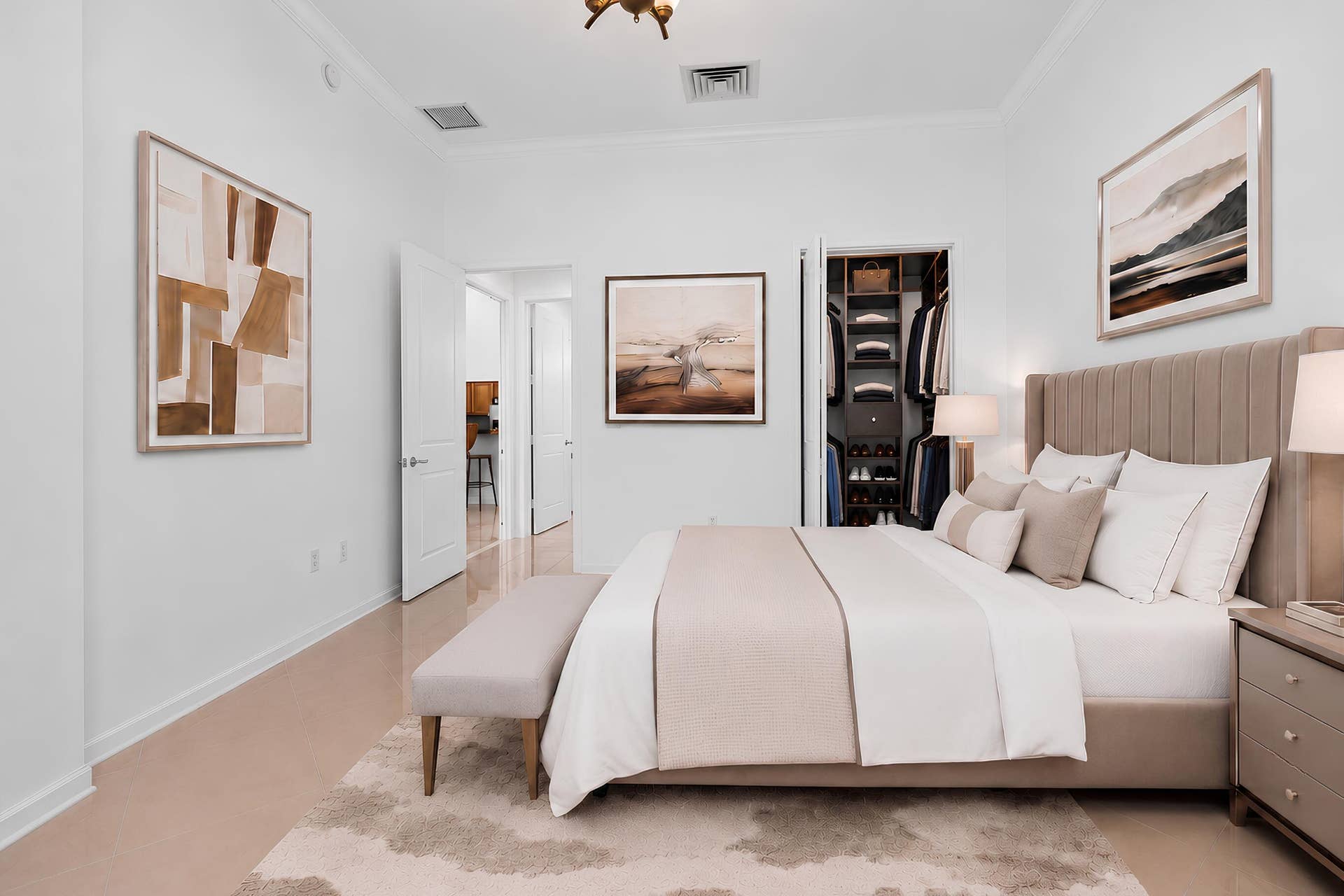 610 W Las Olas Boulevard, #115N, Fort Lauderdale, FL 33312 Bedroom highlighting the spacious layout & direct access to the custom-fitted walk-in closet.