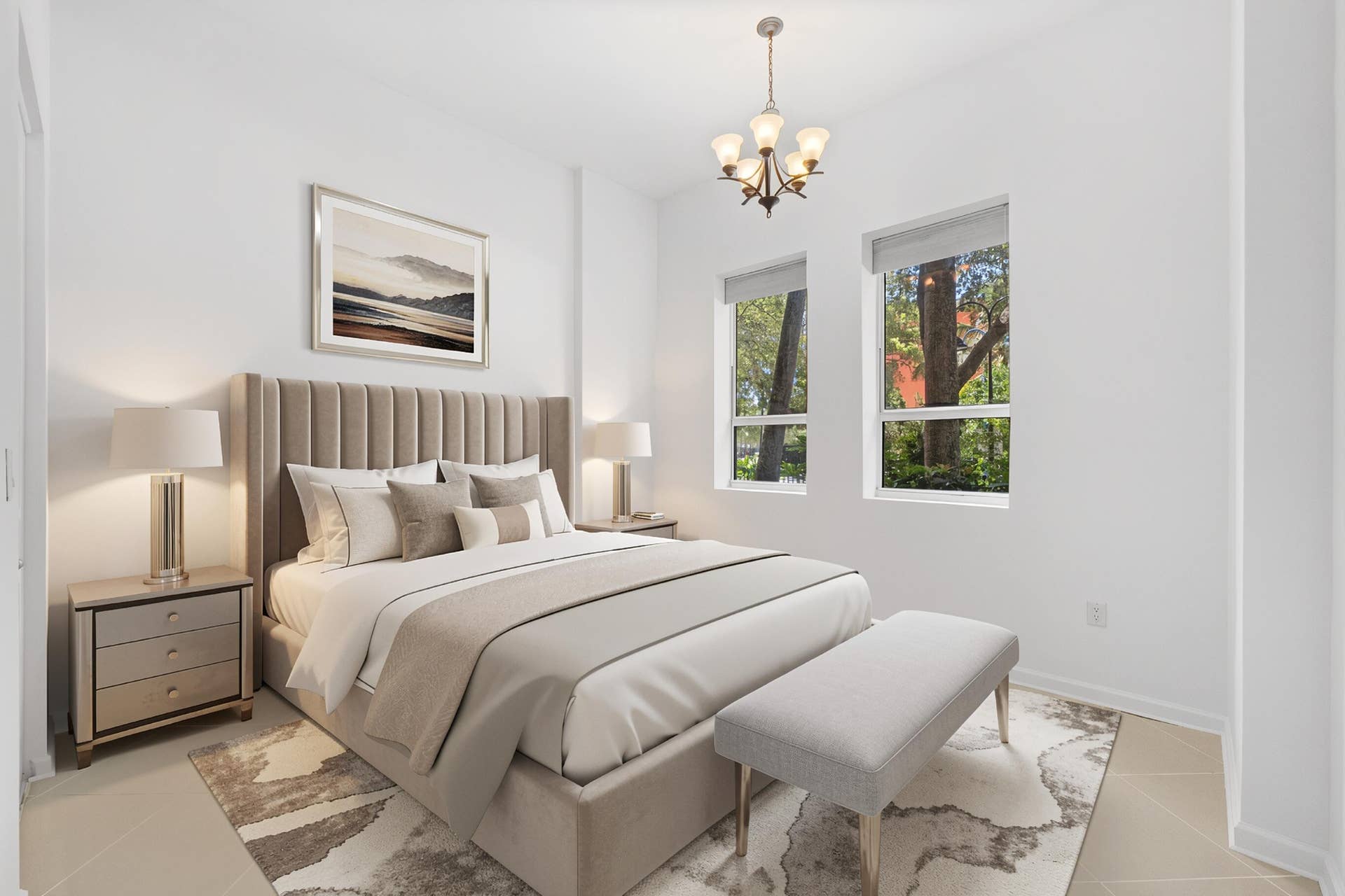 610 W Las Olas Boulevard, #115N, Fort Lauderdale, FL 33312 Bedroom with soaring ceilings, tile flooring throughout & dual windows overlooking the landscaped grounds.