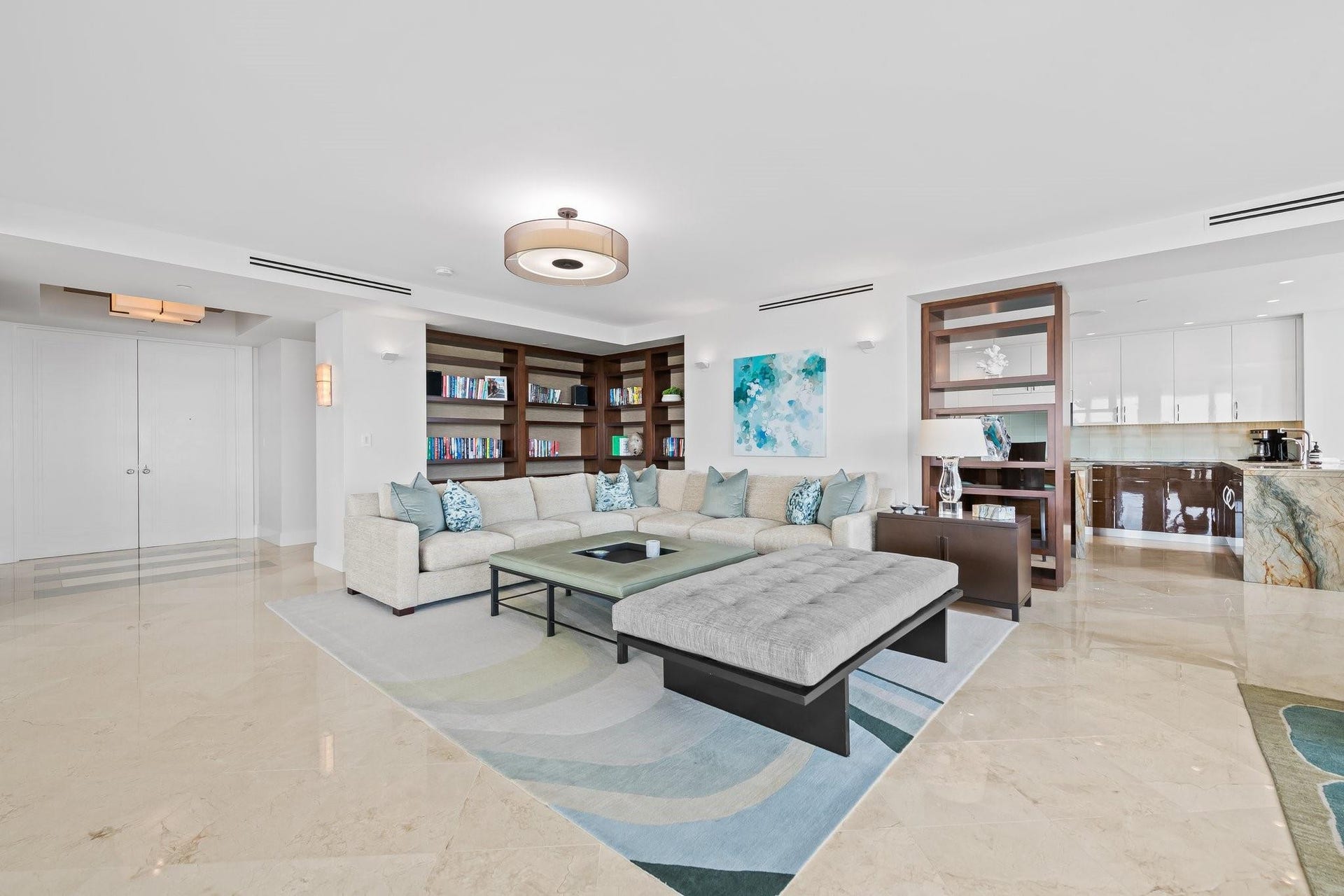 3055 Harbor Drive, #1403, Fort Lauderdale, FL 33316 Open-concept living space featuring high ceilings and light-toned tile flooring