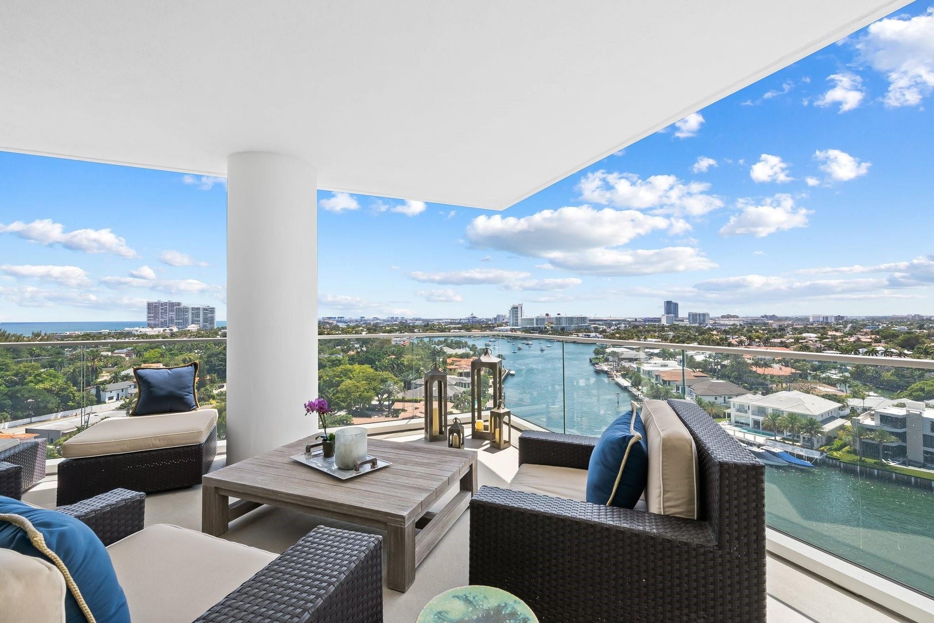3055 Harbor Drive, #1403, Fort Lauderdale, FL 33316 Expansive balcony featuring a glass railing, offering panoramic waterscape and cityscape views
