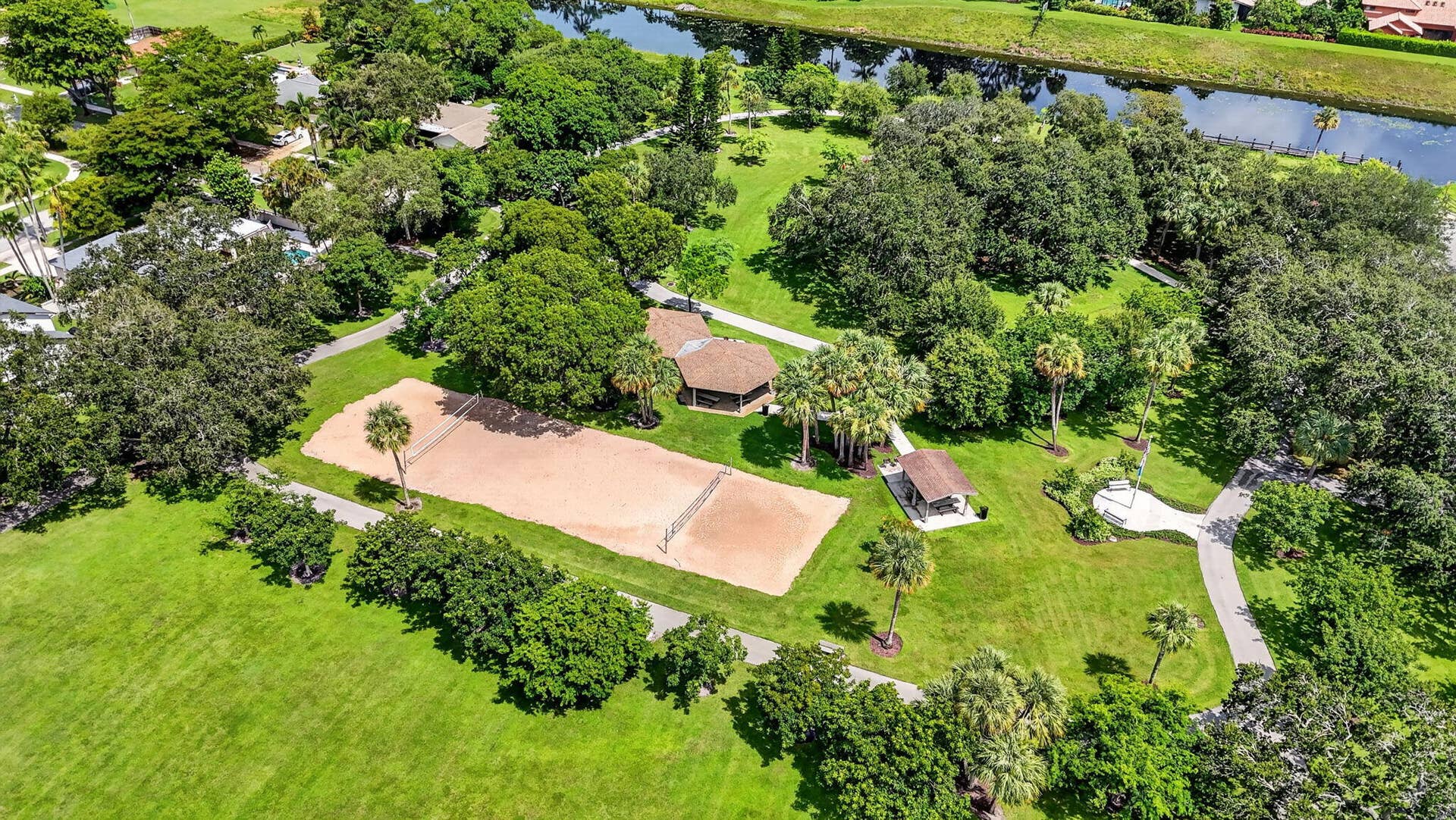 Sand volleyball and pavillion for picnics.